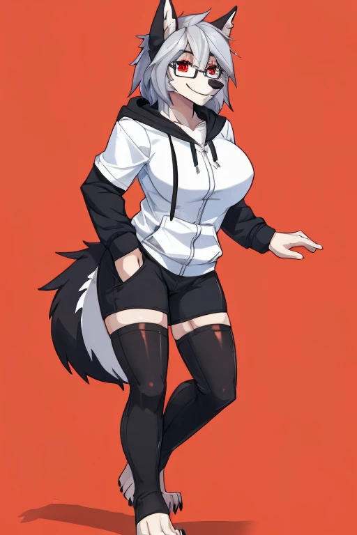 anthropomorphic, female, red eyes, silver hair, wolf, hellhound, (((1girl))), (((white shirt))), (black pants), (red zip up hoodie), (black toeless thigh high socks), full body, cute and sexy, black fur, white underbelly, long legs, smiling, (glasses), big breasts