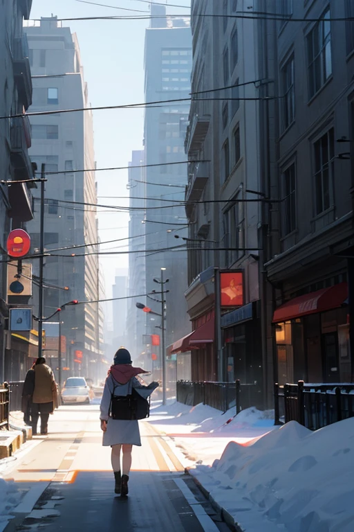 100-story building, many people passing by on the street, snowy weather