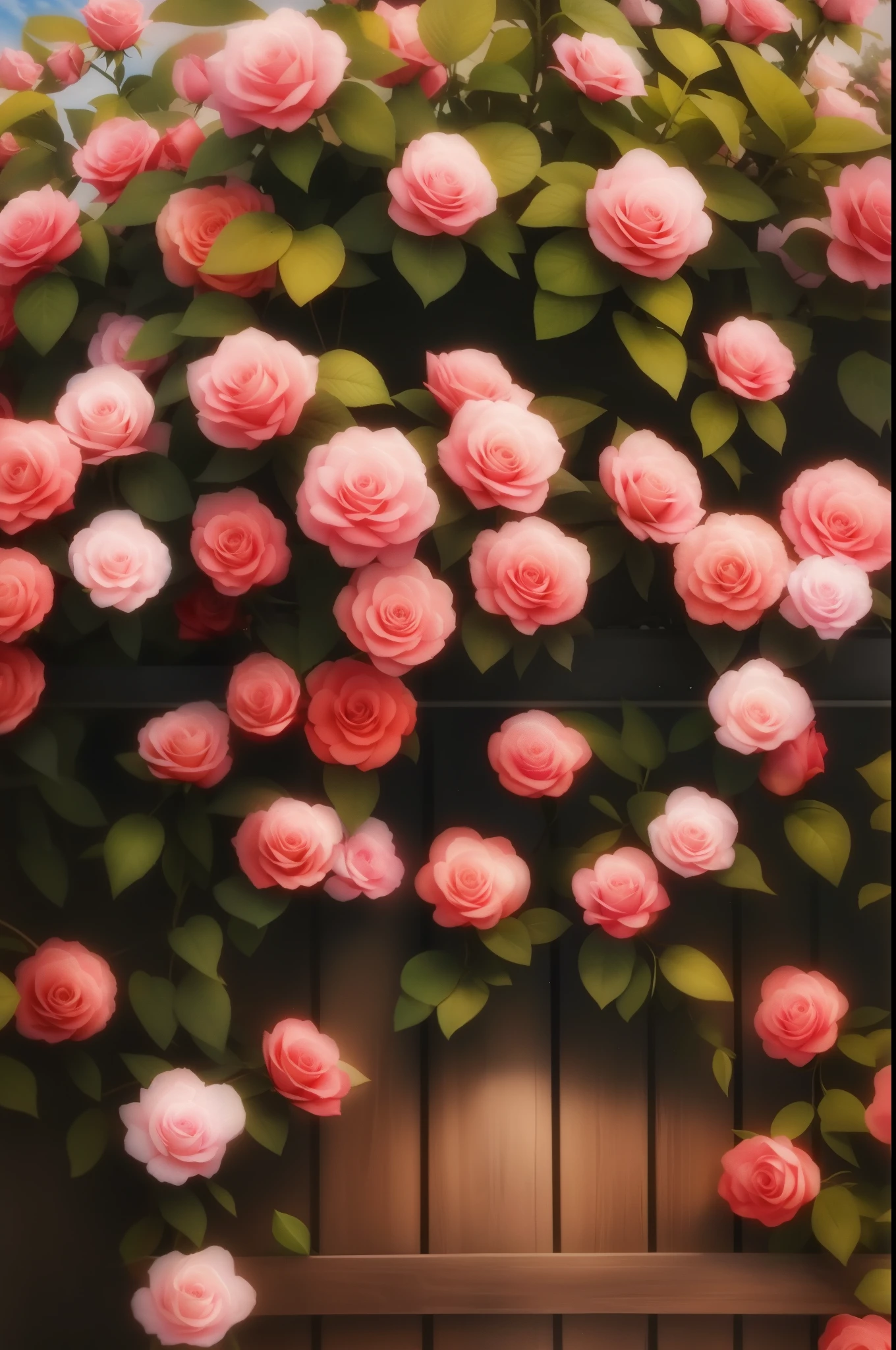 there is a painting of a bunch of pink roses on a fence, roses, rose background, beautiful flowers, rosses, beautiful composition, beautiful art, roses in cinematic light, beautiful!!!!!!!!!!!!, a few roses, flowers!!!!, portal made of roses, beautiful flowers growing, pink flowers, roses background, beautiful artwork, beutiful!, 🌸 🌼 💮, rose