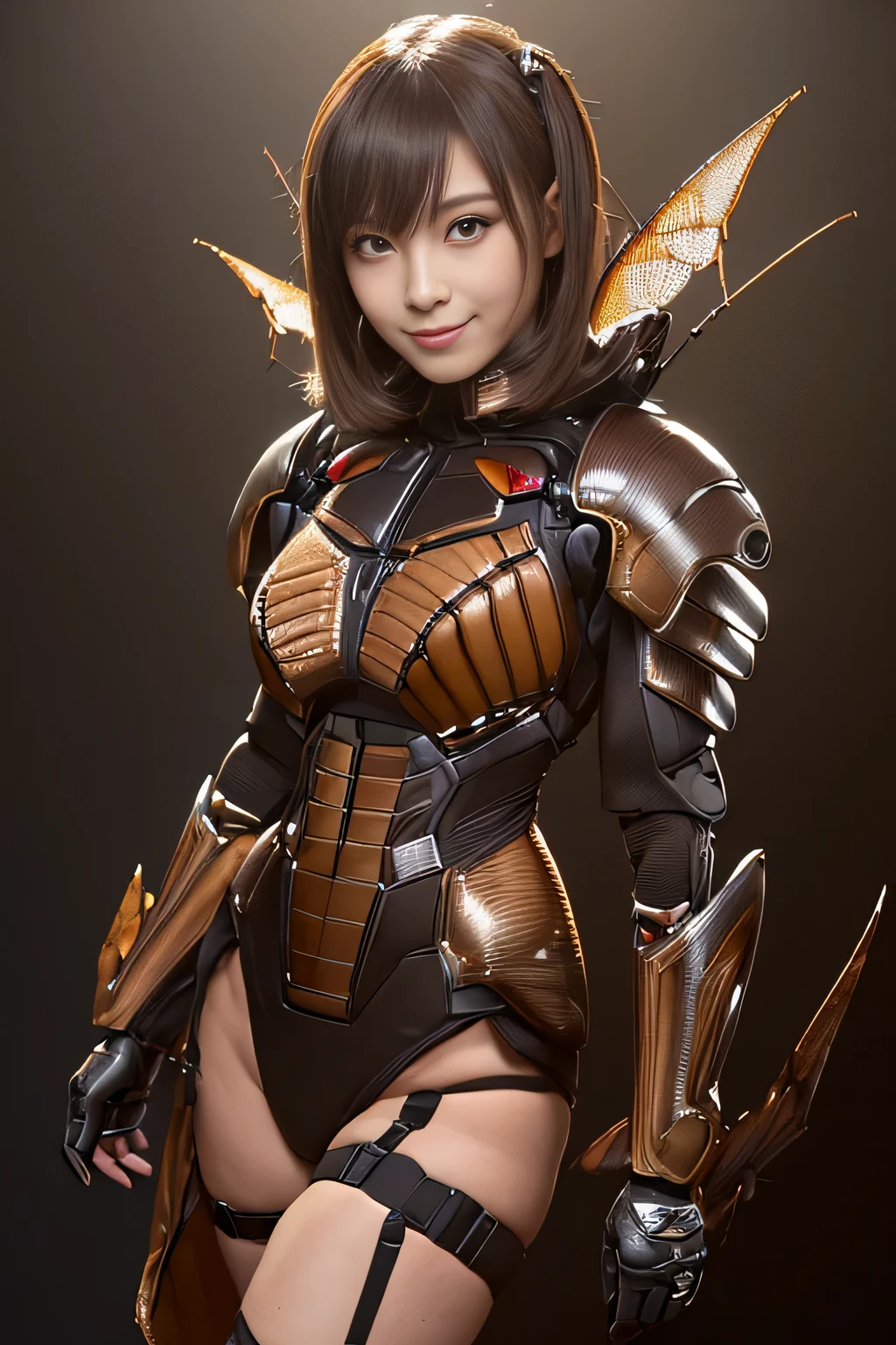 (High resolution,masterpiece,highest quality,Very detailed CG, anime, official art:1.4), realistic, photograph, amazing detail, all complicated, luster and luster,great many layers, 8k wallpaper, 3D, sketch, cute, figure,( alone:1.4), perfect female proportions,villain's daughter, (Fusion of dark brown cockroach and lady:1.4), (brown cockroach form lady:1.2), (brown cockroach woman:1.2), (Fusion:1.2), (alone:1.4), (evil smile:1.2), muscular, abs, (Cockroach brown exoskeleton bio insect suit:1.4), (Cockroach brown exoskeleton bio insect armor:1.2), (brown transparent cockroach feathers:1.4), (brown cockroach antenna:1.3),