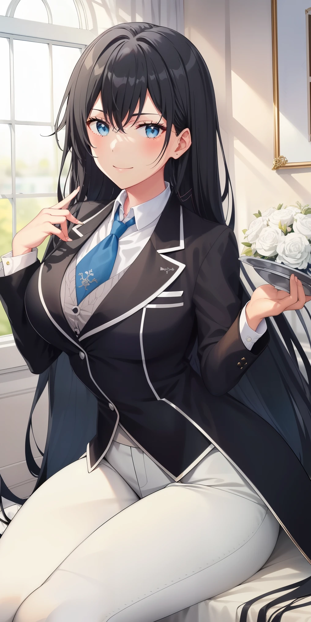 ((best quality)), ((masterpiece)), (detailed) 1girl 1girl, ;\), blurry, blurry_background, breasts, , hair_long looking_at_viewer, ok_sign, open_hand, Yukinoshita Yukino ,Woman wearing formal clothes, An attractive coat sitting on chair in the room , 1girl, 独奏, blue necktie, Black hair, eyes blue, long hair, smile , collared shirt, white pants, white shirt , Elegantly designed coat , Stand in front of a window ,Perfectly tailored tailcoat. It has a stunning Victorian design and is made of lustrous fabric , full body ,tailcoat butler suit, elegant pose, serene expression, flowing long hair, soft lighting, pastel color palette, detailed lace and embroidery, realistic portrait, fine brushwork, delicate facial features, captivating eyes, graceful gestures, refined atmosphere, vintage decor, polished silverware, elaborate floral arrangement, polished marble floors