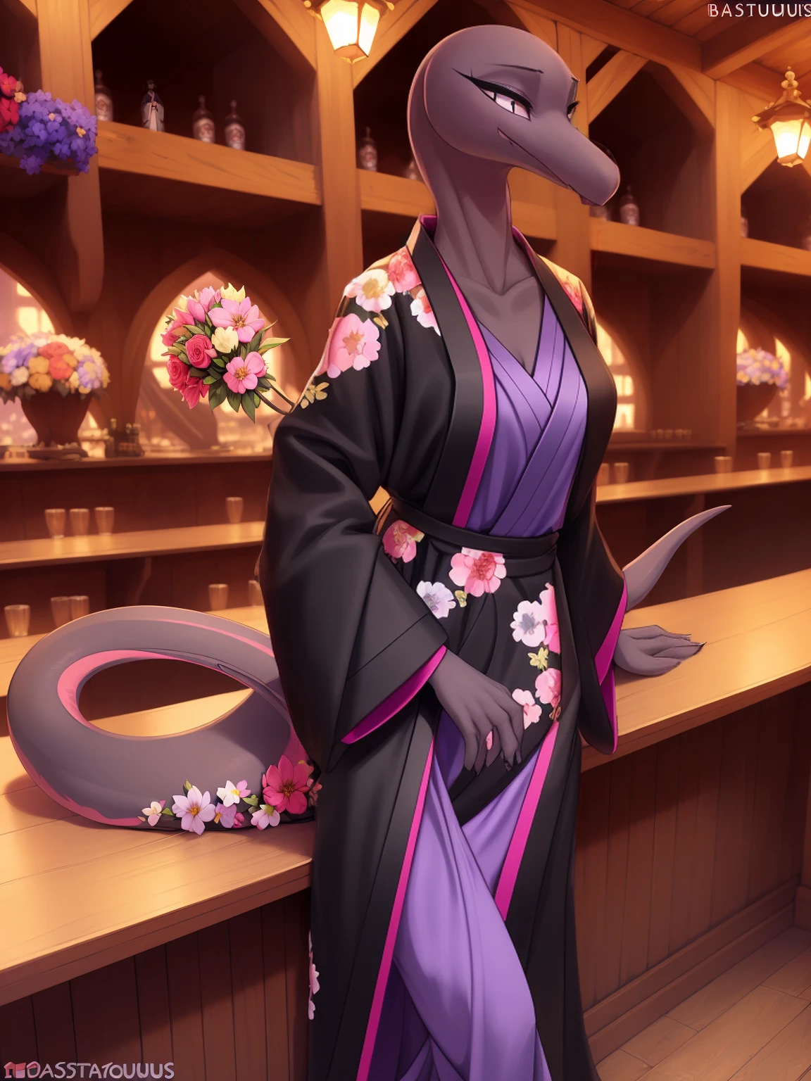 uploaded on e621, 3d , (bastika, cutesexyrobutts, hioshiru), female, solo, salazzle, tavern, (wearing a black kimono, long kimono, kimono with long sleeves, flowers on kimono) happy, natural breasts, long flowing tail