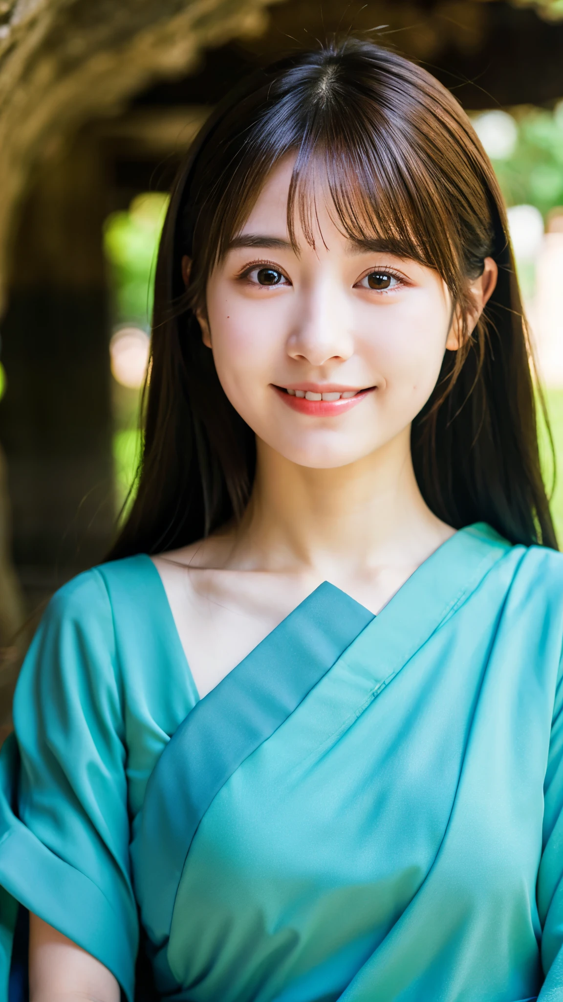 japanese , 1 girl , smile , master piece , best quality , japanese , pretty face , symmetrical eyes , real —no worst quality , low quality , normal quality , lowres, Sunlit Cave