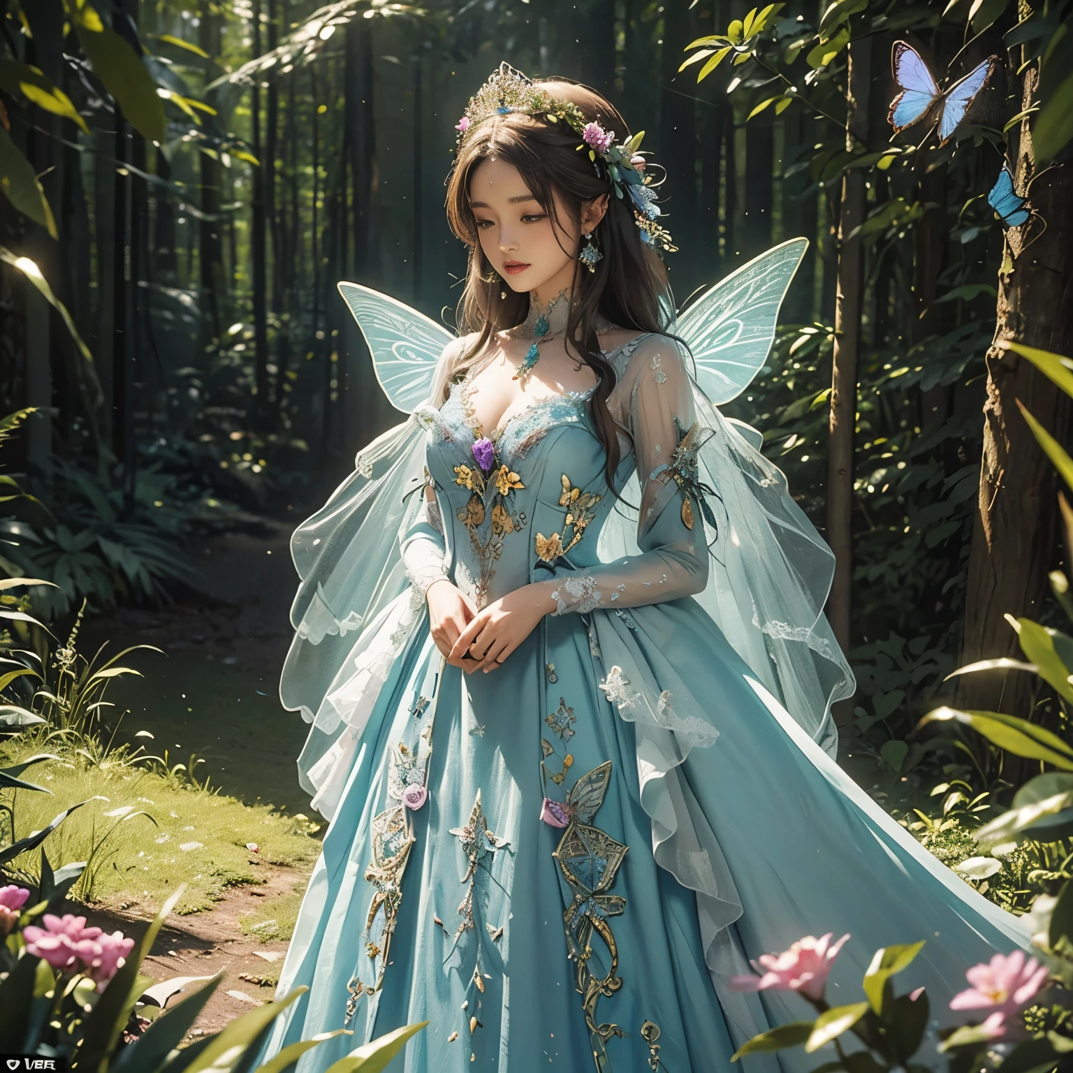 A mannequin with 3D flower and butterfly dress, is standing in the forest, costume dress, magical dress, ethereal fairy tale, intricate costume dress, beautiful costume, lady with bright flower dress, costume costume, beautiful adult fairy queen, very magical and dreamer, in an extravagant fairy tale forest, Fairy Queen, intricate long dress costume, and