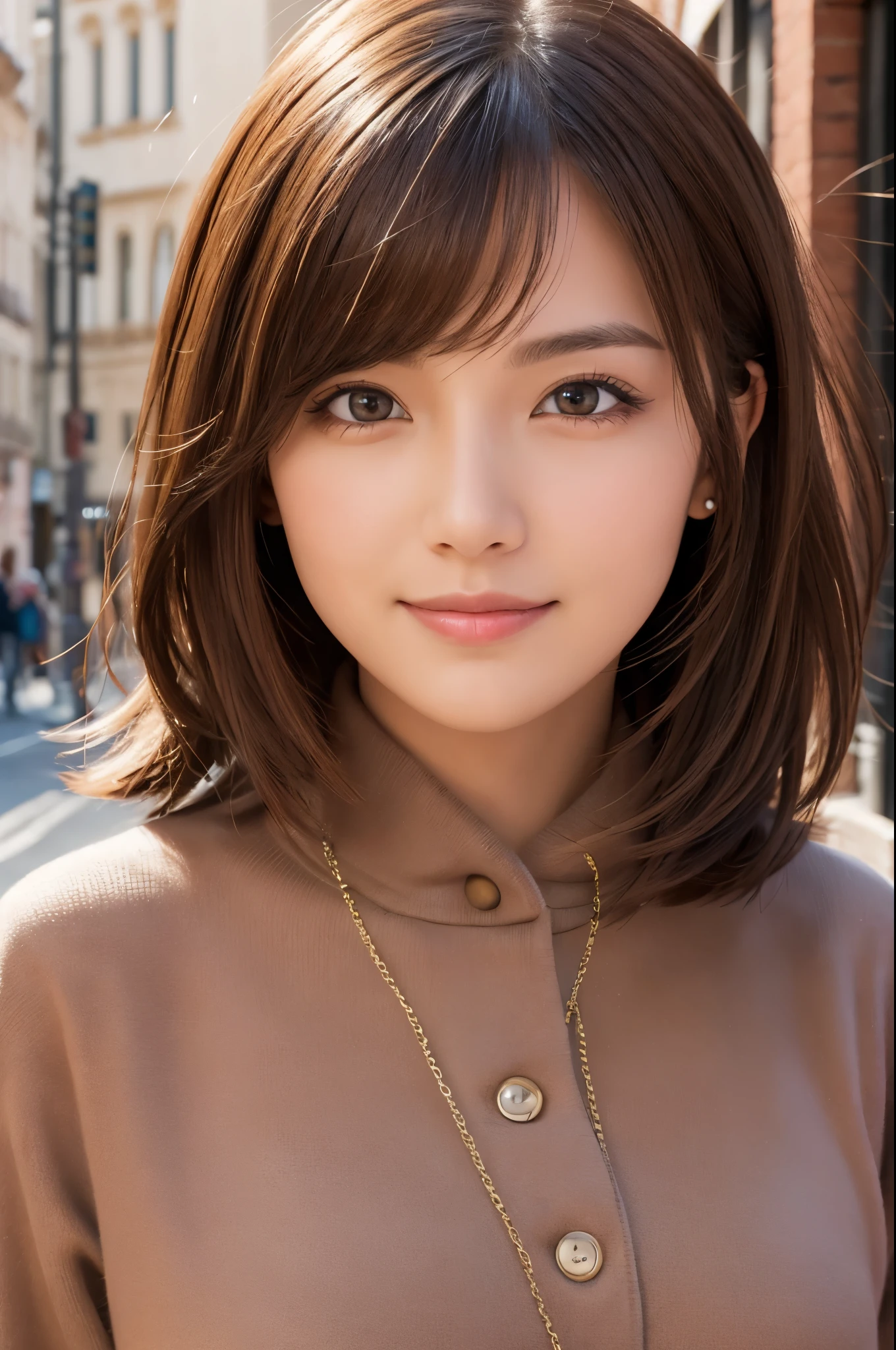 masterpiece, best quality, ultra-detailed, extremely detailed, 4K, 8K, best quality, beautiful, realistic, real, full body, city, town, a pretty woman, solo, miniskirt, beautiful light brown hair, beautiful brown eyes, beautiful eyes, short hair, light smile