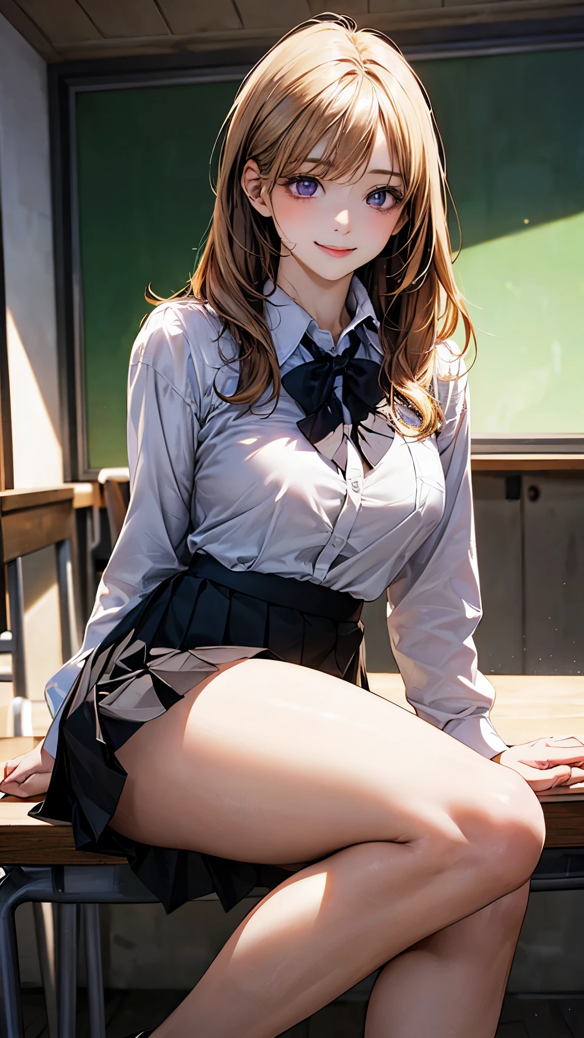 (masterpiece:1.2, top-quality), (realistic, photorealistic:1.4), beautiful illustration, (natural side lighting, movie lighting), 
looking at viewer, front view, 1 girl, japanese, high school girl, perfect face, cute and symmetrical face, shiny skin, 
(long hair:1.6, straight hair:1.5, messy hair, blond hair), crossed bangs, dark purple eyes, long eye lasher, (large breasts:0.6, seductive thighs), 
beautiful hair, beautiful face, beautiful detailed eyes, beautiful clavicle, beautiful body, beautiful chest, beautiful thigh, beautiful legs, beautiful fingers, 
((long sleeve white collared shirts, black pleated skirt, yellow bow tie)), 
(beautiful scenery), evening, classroom, sitting, (lovely smile, upper eyes), 