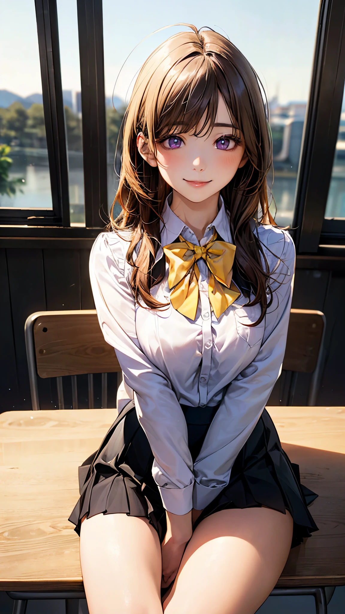 (masterpiece:1.2, top-quality), (realistic, photorealistic:1.4), beautiful illustration, (natural side lighting, movie lighting),
looking at viewer, front view, 1 girl, japanese, high school girl, perfect face, cute and symmetrical face, shiny skin,
(long hair:1.6, straight hair:1.5, messy hair, blond hair), crossed bangs, dark purple eyes, long eye lasher, (large breasts:0.6, seductive thighs),
beautiful hair, beautiful face, beautiful detailed eyes, beautiful clavicle, beautiful body, beautiful chest, beautiful thigh, beautiful legs, beautiful fingers,
((long sleeve white collared shirts, black pleated skirt, yellow bow tie)),
(beautiful scenery), evening, classroom, sitting, (lovely smile, upper eyes),
