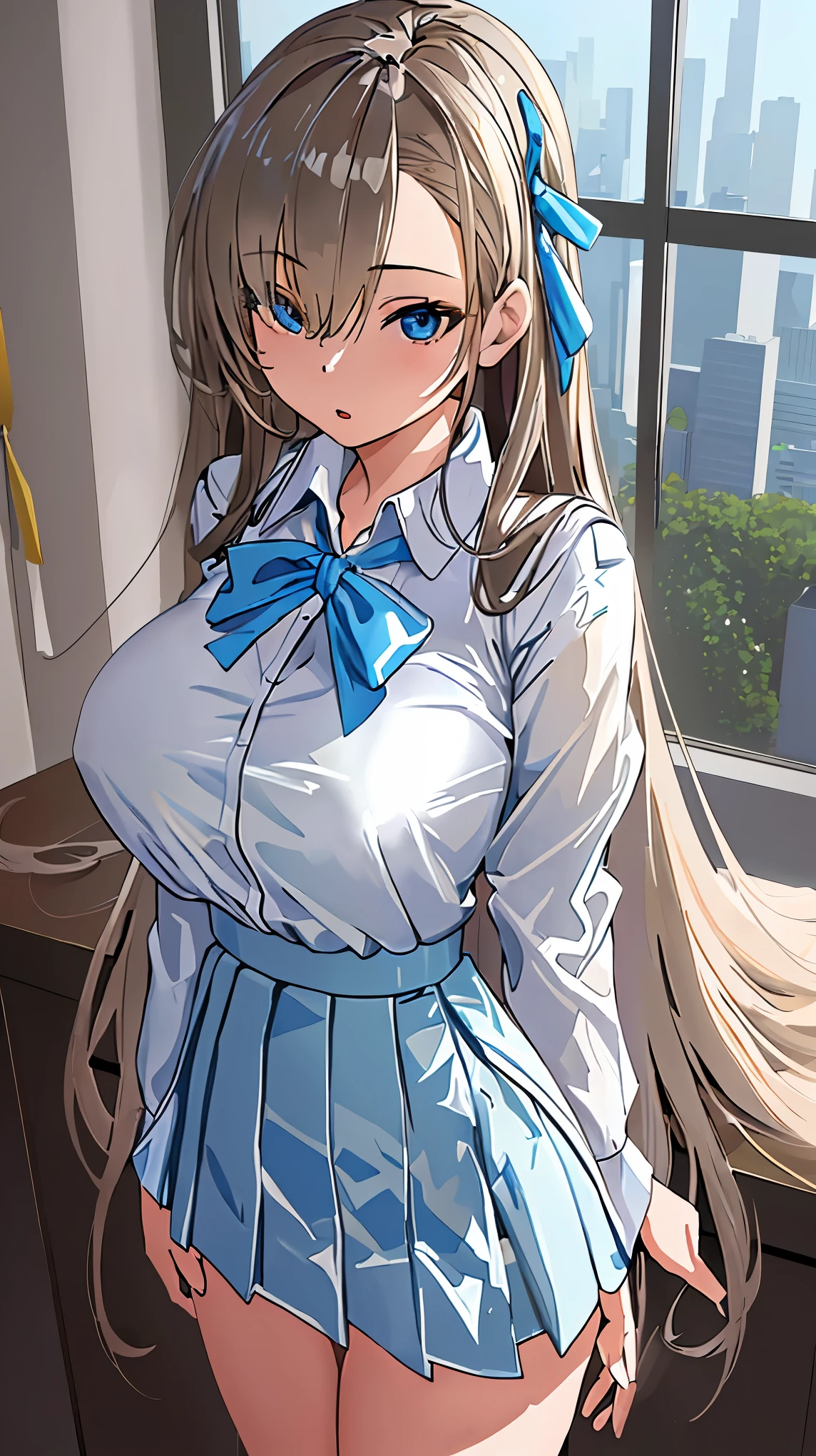 (masterpiece), (best quality), (ultra-detailed), photorealistic, (best illustration), (an extremely delicate and beautiful), 1girl, solo,  (Blue archive ichinose asuna) Long brown hair Light blue eyes White blouse Blue skirt Light blue ribbon Standing Inside a city office room insanely detailedinsanely detailed eyes insanely detailed face、insanely detailed body、insanely detailed skin