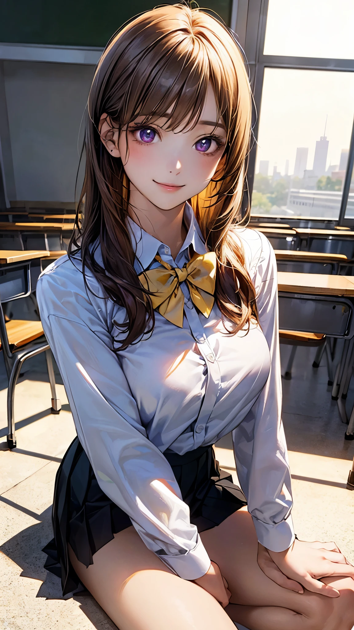 (masterpiece:1.2, top-quality), (realistic, photorealistic:1.4), beautiful illustration, (natural side lighting, movie lighting), 
looking at viewer, front view, 1 girl, japanese, high school girl, perfect face, cute and symmetrical face, shiny skin, 
(long hair:1.6, straight hair:1.5, messy hair, blond hair), crossed bangs, dark purple eyes, long eye lasher, (large breasts:0.6, seductive thighs), 
beautiful hair, beautiful face, beautiful detailed eyes, beautiful clavicle, beautiful body, beautiful chest, beautiful thigh, beautiful legs, beautiful fingers, 
((long sleeve white collared shirts, black pleated skirt, yellow bow tie)), 
(beautiful scenery), evening, classroom, sitting, (lovely smile, upper eyes), 