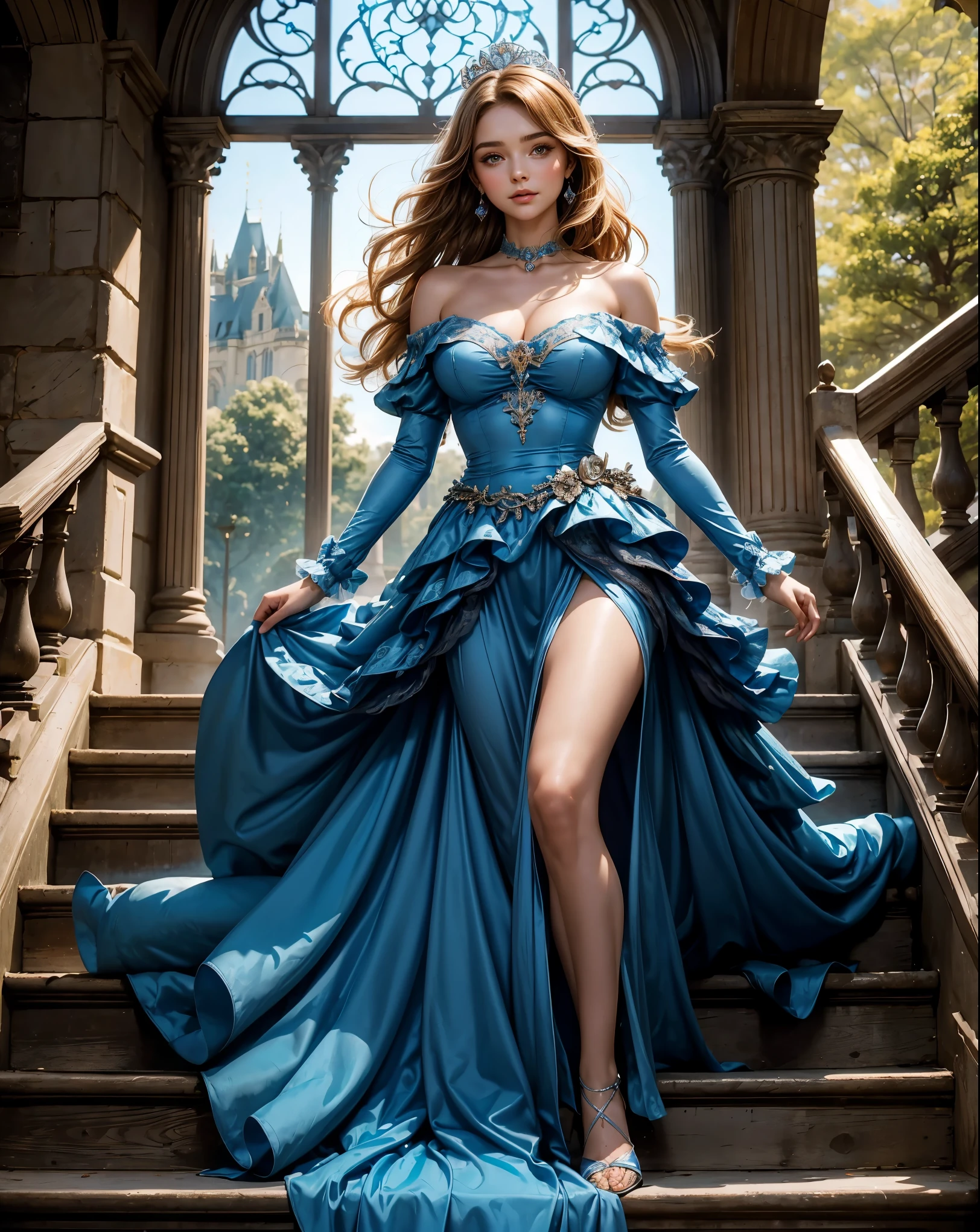 a woman in a blue dress standing on a set of stairs, olivia culpo as milady de winter, disney's princess, ellie bamber fairy, singing at a opera house, carmelo blandino, cinderella, sitting on a grand staircase, disney princess, fairytale style, eleanor tomlinson, emma watson wearing fancy fish, wearing a wonderful dress, sky - blue dressa woman in a blue shorts dress posing for the camera, sfw huge breasts, low cut dress, covered sfw huge breasts, portrait sophie mudd, enormous, opened dress, smile on face, sexy pose, black hair, tube-top dress, beautiful sexy woman photo, buxom, big breasts, beautiful woman body, ratio, red dress, sexy blue dress, wearing a red sundress, julia hill Anime,One girl,red-eyed,blond hair,Light blue dress,１pple,solo,off-the-shoulder,Western castle in the background ( beautiful castle in background a picture of a castle in the middle of a forest, ornate palace made of green, transylvanian castle, by Ion Andreescu, ukraine. professional photo, beautiful castle, romanian heritage, by Ferenc Joachim, by Stanley Bahe, luxury castle, by Gabor Breznay, ukraine, fairy tale place, high fantasy castle, transylvania)
