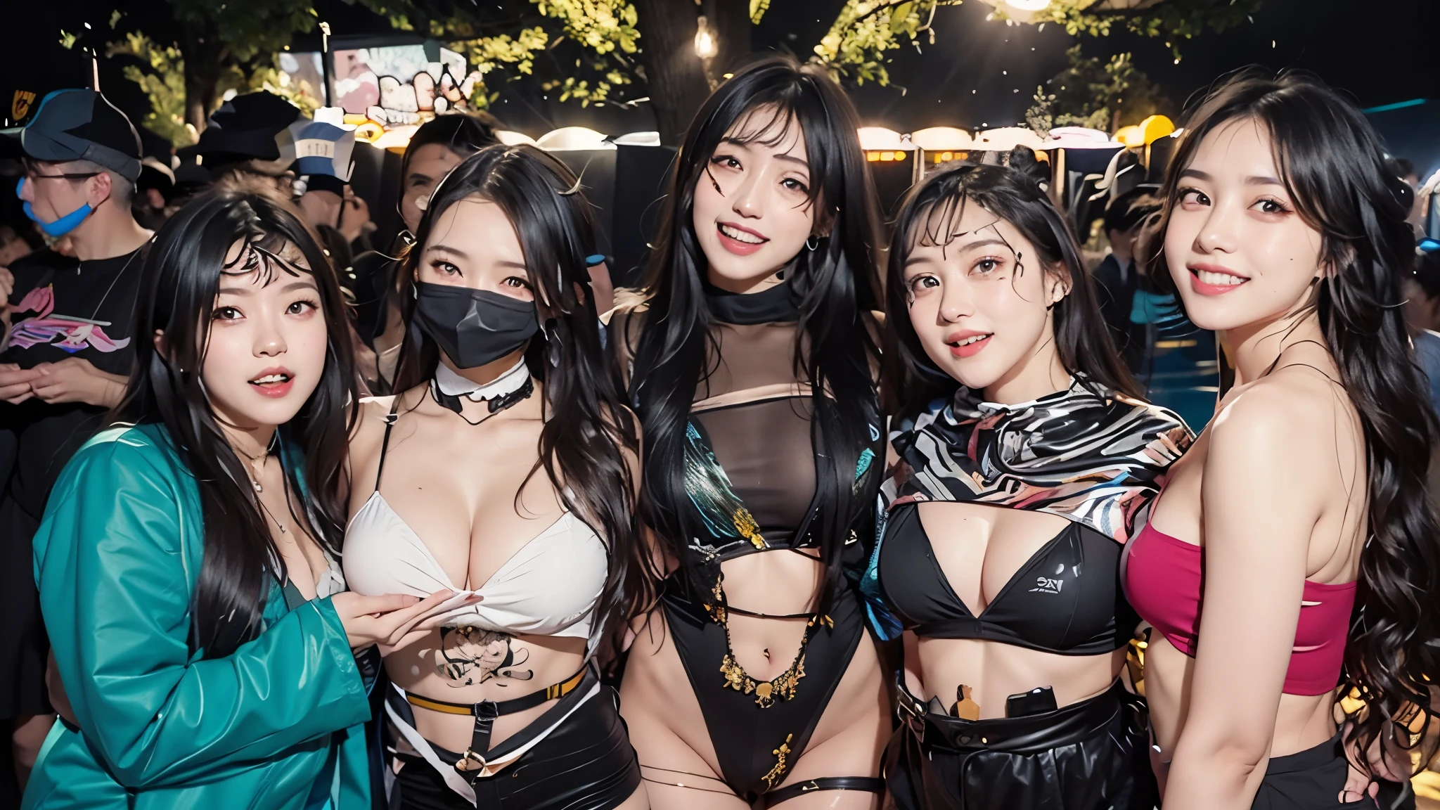 several women in costumes posing for a picture at a party, wild rave outfit, rave outfit, bold rave outfit, rave party, rave inspired, cute rave outfit, outdoor rave, fun rave outfit, at a rave, diverse outfits, scene from a rave, lunar themed attire, many partygoers, anime vibes, taken in 2 0 2 0, festival vibes