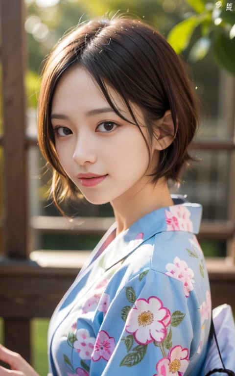 cute 21 year old japanese、super detailed face、Attention to detail、double eyelid、Beautiful thin nose、Sharp focus:1.2、Beauty:1.4、(bright茶髪、short cut hair、white skin、highest quality、bright、masterpiece、ultra high resolution、(realism:1.4)、hostel、yukata、best smile、