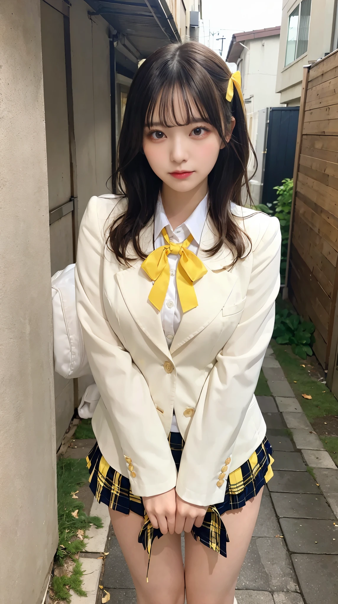 (masterpiece, best quality),
1girl, undressing, panty pull, white panties,
break, girl, , blazer, white collared shirt, yellow neck ribbon, checked skirt, black long hair, yellow eyes, large breasts, (wavy mouth:0.8), closed mouth, blush
break background outdoors, alley
