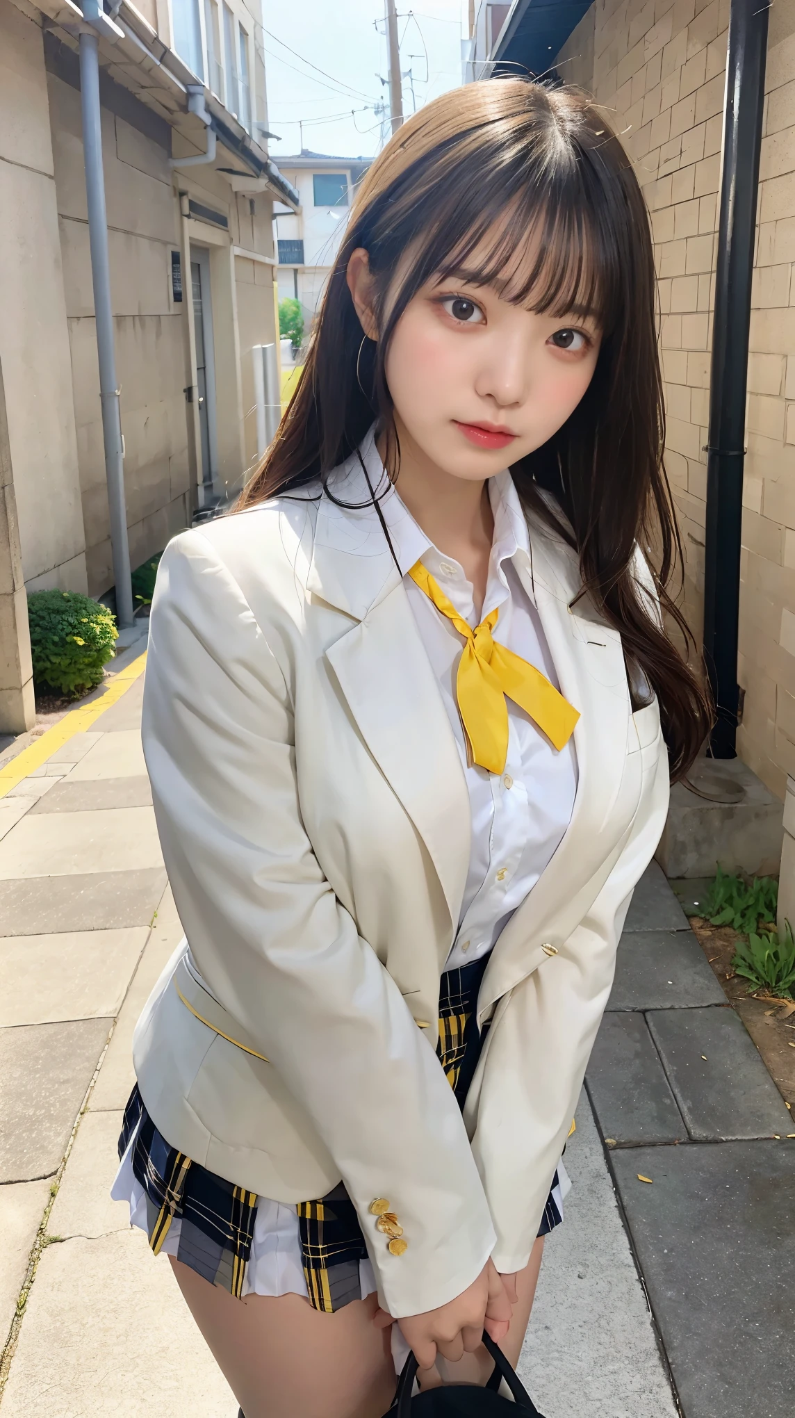 (masterpiece, best quality),
1girl, undressing, panty pull, white panties,
break, girl, , blazer, white collared shirt, yellow neck ribbon, checked skirt, black long hair, yellow eyes, large breasts, (wavy mouth:0.8), closed mouth, blush
break background outdoors, alley