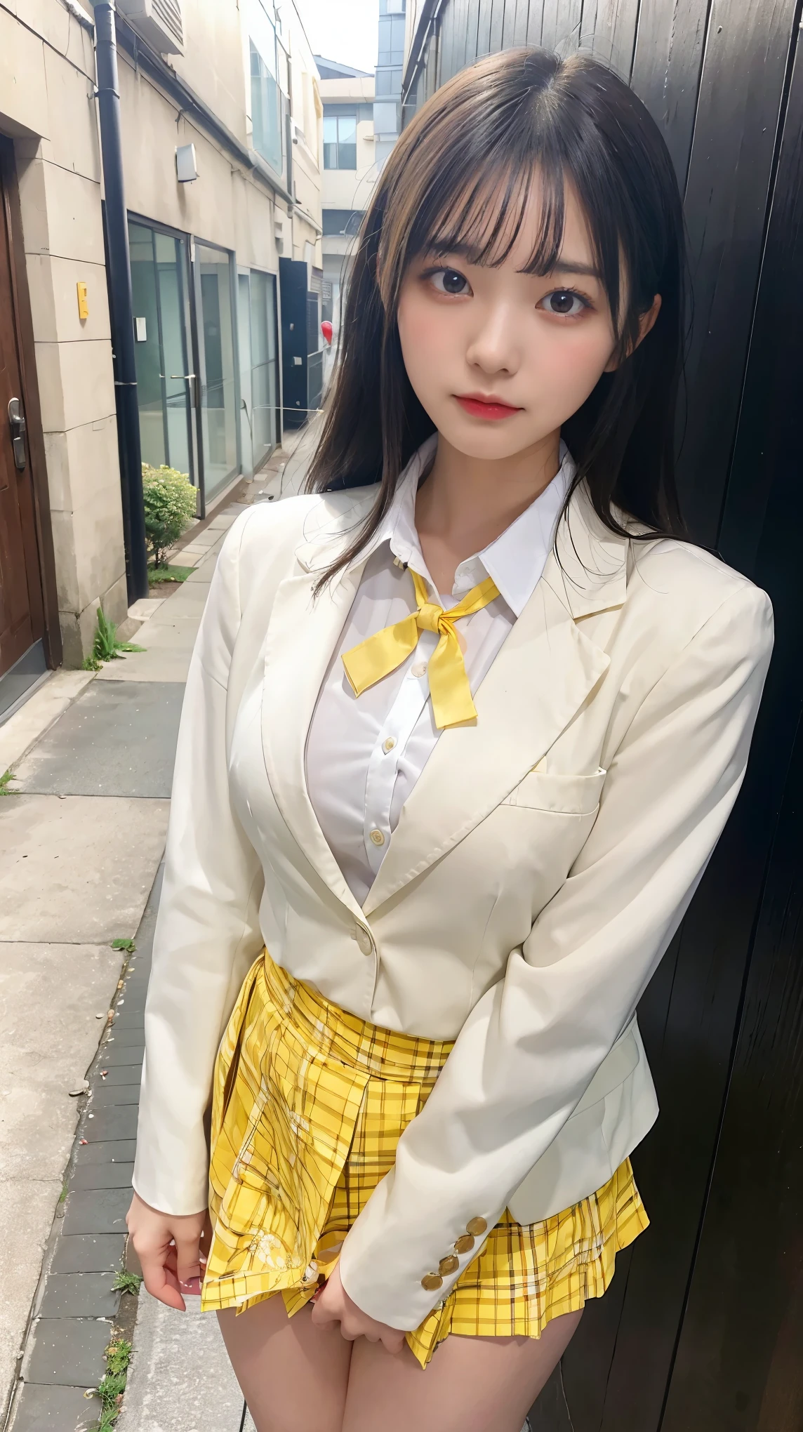 (masterpiece, best quality),
1girl, undressing, panty pull, white panties,
break, girl, , blazer, white collared shirt, yellow neck ribbon, checked skirt, black long hair, yellow eyes, large breasts, (wavy mouth:0.8), closed mouth, blush
break background outdoors, alley