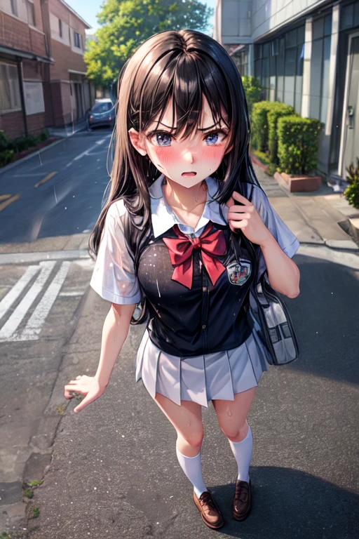 a frustrated school girl who is afraid, front shot