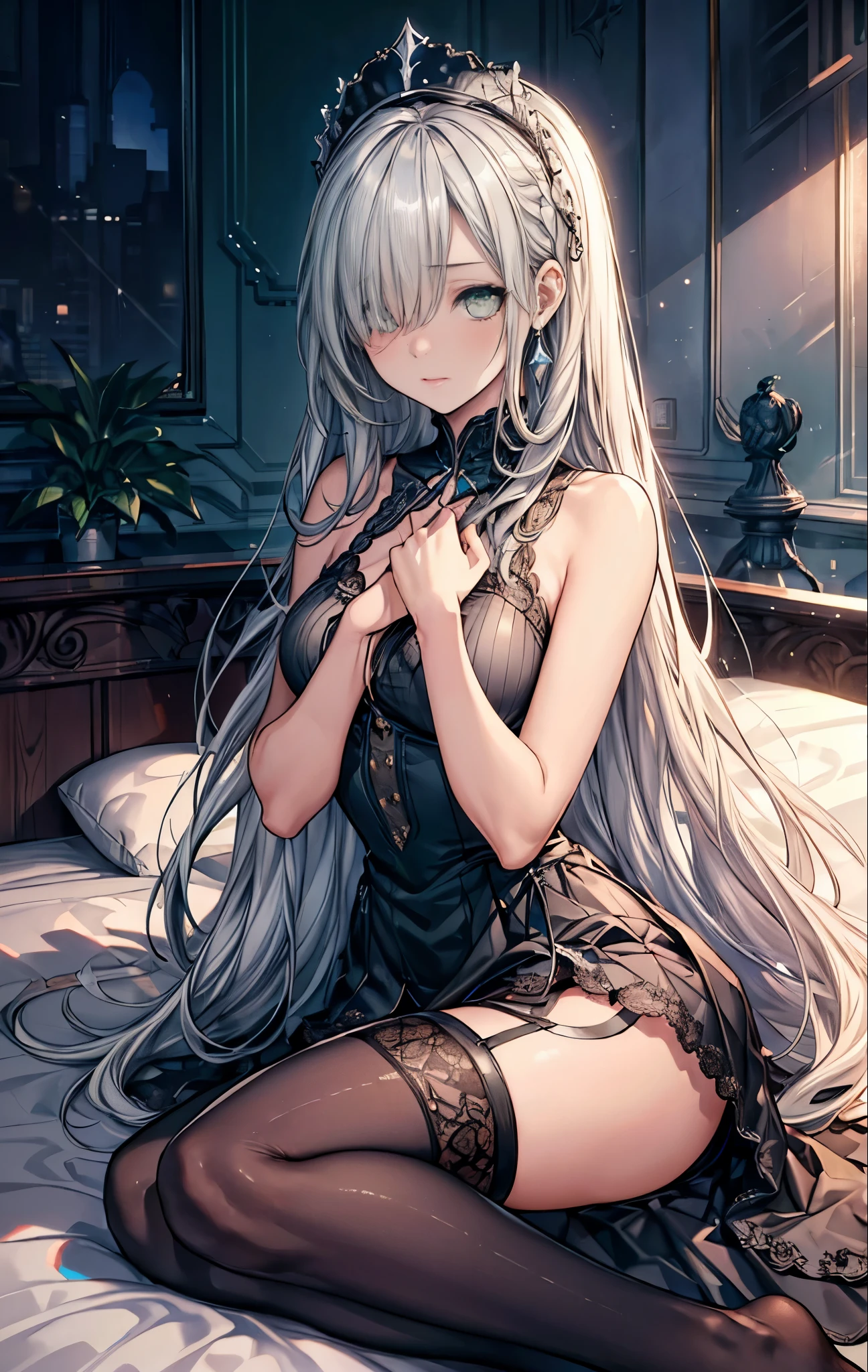 {{masterpiece}}，best quality，Highly detailed CG Unity 8K wallpaper，One woman，movie lighting，lens flare glow,
BREAK (blue platinum straight long hair:1.6), (hair over one eye:1.2),
BREAK (beautiful detailed chrome-green eyes:1.2), clear face, perfect eye makeup, beautiful eyes, perfect style, perfect body, cute tops with lace, emphasize the chest, mini skirt, shiny thighs, costume with lace, The luxurious interior of a high-class brothel, Sit on the bed, open your legs, Roses, garter belt, black stockings,