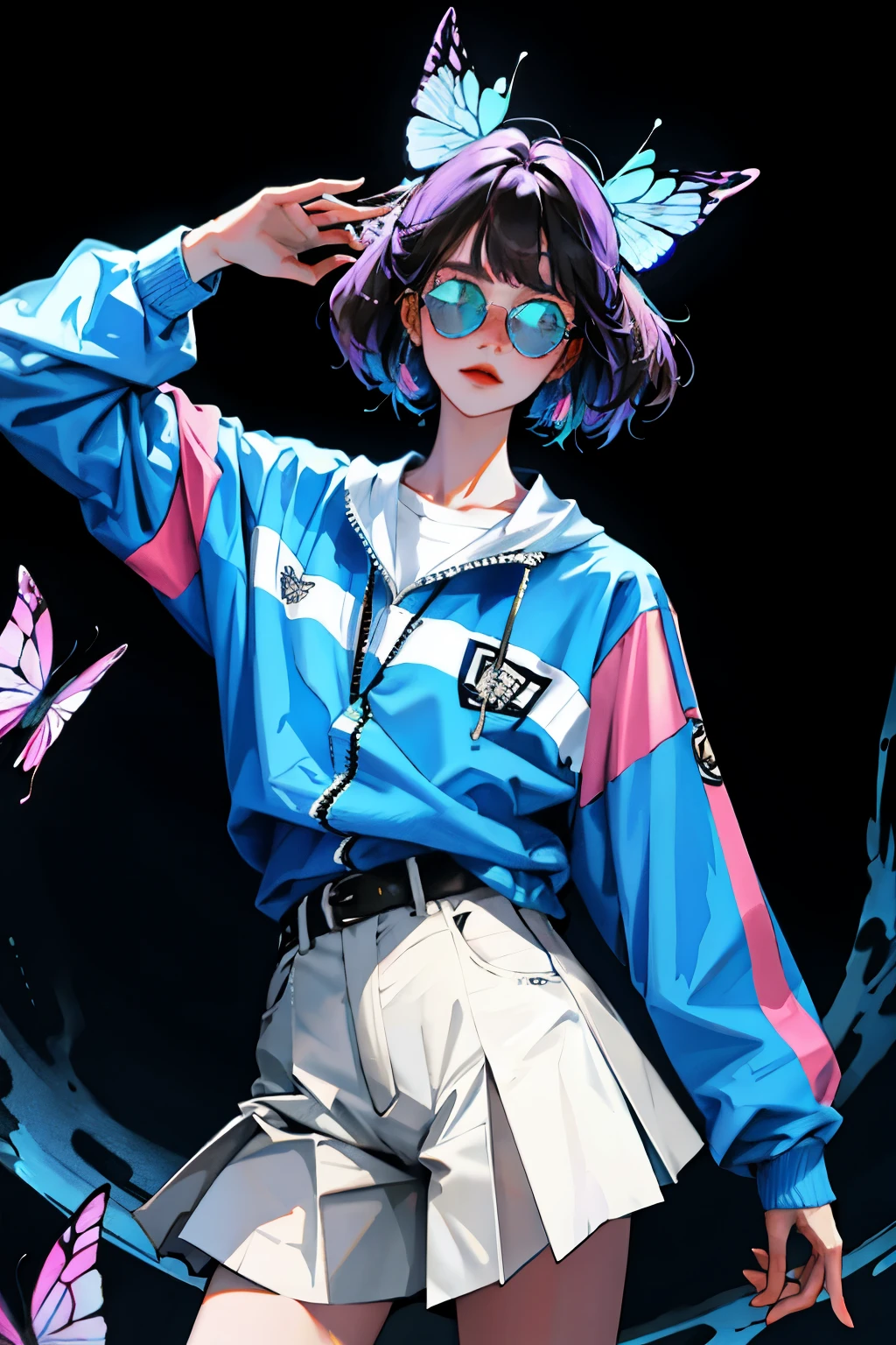 french girl with insanely creatively unique butterfly style, wearing colorful neon sunglasses, cool model pose, cool background