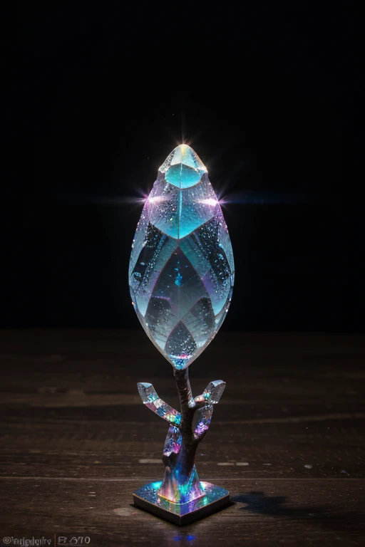 Highly detailed shot of an (((iridescence))) crystal sculpture in the shape of a European robin on a crystal tree branch, often associated with the arrival of spring. In folklore, the robin is sometimes depicted as a symbol of good luck or as a harbinger of news from the spirit world, vibrant background, full motion effects, diagonal view, crystal particles glittering, back light, ultra sharp focus, high speed shot, vibrant color, Bioluminescence, high quality

