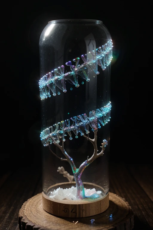 Highly detailed shot of an (((iridescence))) crystal sculpture in the shape of a European robin on a crystal tree branch, often associated with the arrival of spring. In folklore, the robin is sometimes depicted as a symbol of good luck or as a harbinger of news from the spirit world, vibrant background, full motion effects, diagonal view, crystal particles glittering, back light, ultra sharp focus, high speed shot, vibrant color, Bioluminescence, high quality

