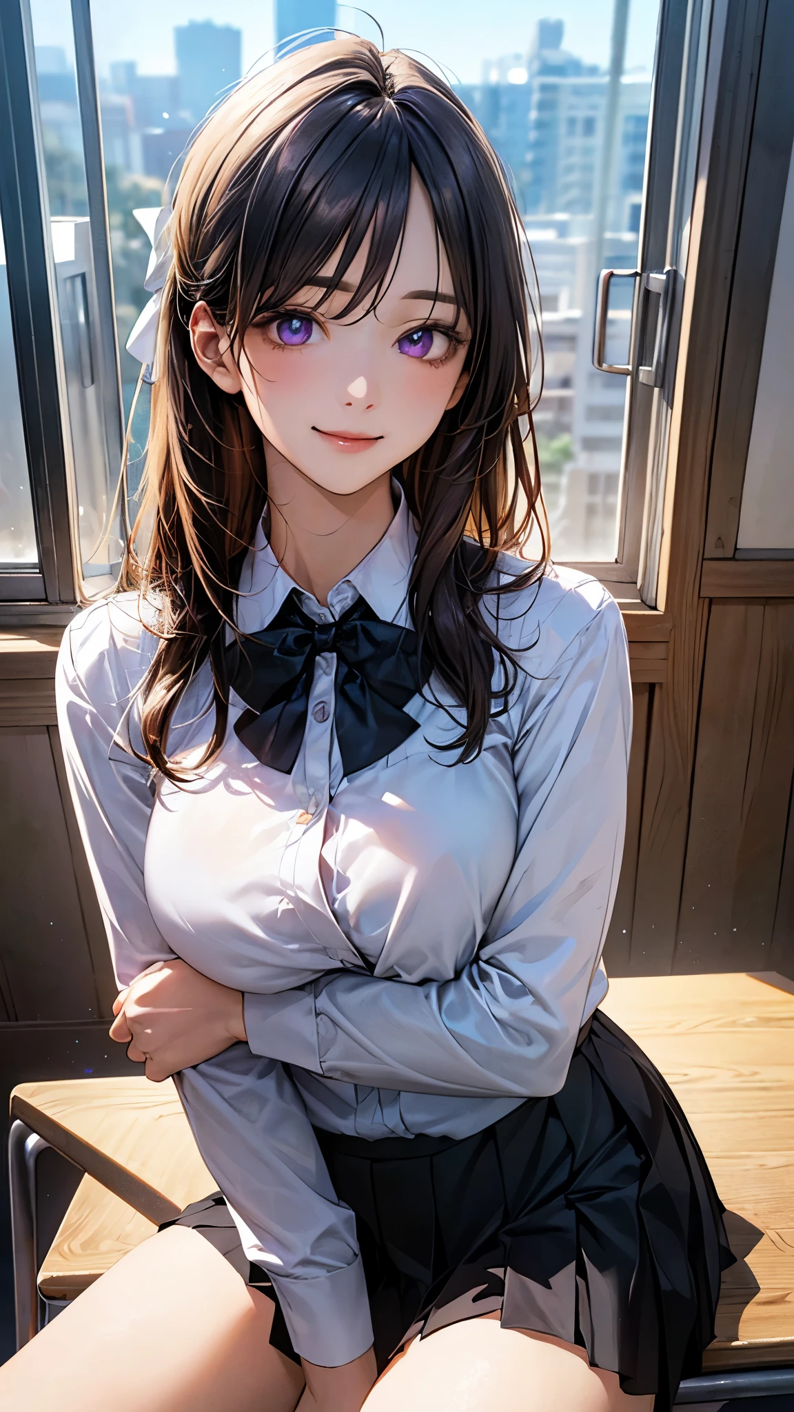 (masterpiece:1.2, top-quality), (realistic, photorealistic:1.4), beautiful illustration, (natural side lighting, movie lighting), depth of fields, pastel color, 
looking at viewer, cowboy shot, (from below), 1 girl, japanese, high school girl, perfect face, cute and symmetrical face, suntan, shiny skin, 
(long hair, straight hair, navy hair), crossed bangs, big eyes, purple eyes, long eye lasher, (large breasts), 
beautiful hair, beautiful face, beautiful detailed eyes, beautiful clavicle, beautiful body, beautiful chest, beautiful thigh, beautiful legs, beautiful fingers, 
break, (pastel blue cardigan), break, (white collared shirts), break, (deep violet pleated skirt), break, (pastel red bowtie), break, 
(beautiful scenery), (school gate:1.2), (lovely smile, upper eyes, open mouth),