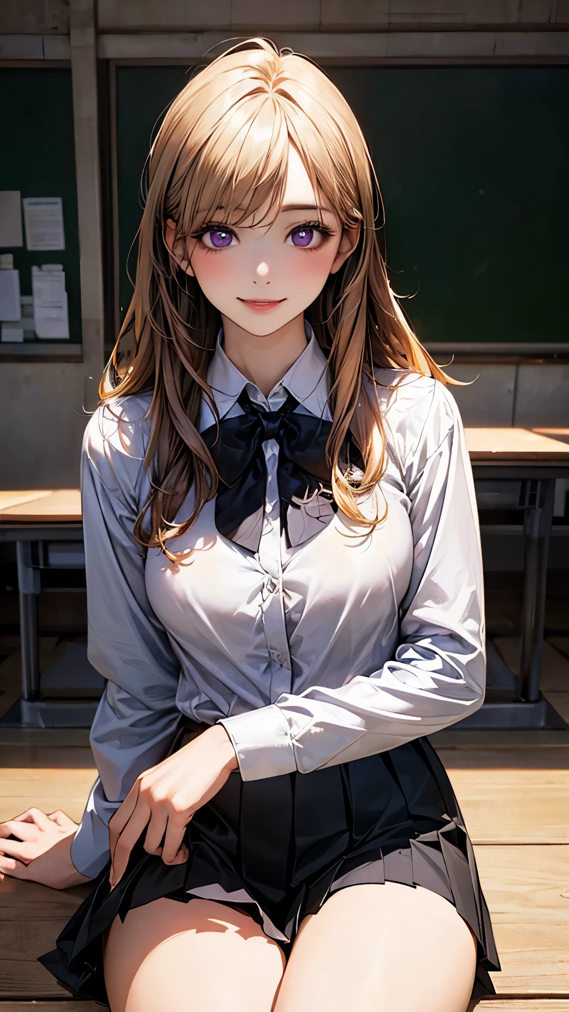 (masterpiece:1.2, top-quality), (realistic, photorealistic:1.4), beautiful illustration, (natural side lighting, movie lighting), 
looking at viewer, front view, 1 girl, japanese, high school girl, perfect face, cute and symmetrical face, shiny skin, 
(long hair:1.6, straight hair:1.5, messy hair, blond hair), crossed bangs, dark purple eyes, long eye lasher, (large breasts:0.6, seductive thighs), 
beautiful hair, beautiful face, beautiful detailed eyes, beautiful clavicle, beautiful body, beautiful chest, beautiful thigh, beautiful legs, beautiful fingers, 
((long sleeve white collared shirts, black pleated skirt, yellow bow tie)), 
(beautiful scenery), evening, classroom, sitting, (lovely smile, upper eyes), 
