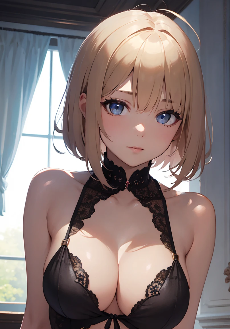 masterpiece, absurdres, best quality, ultra detailed, high Resolution, detailed illustration, extremely beautiful detailed face and eyes, bright colour, 1girl, (), cute face, Delicate beautiful face, magenta eyes, cute eyes, sparkling eyes, big eyes, medium breasts, (perky breasts:1.1), (pointy breasts:1.1), medium hips, glamorous body, white skin, happy, BREAK, long bob cut, (blonde hair:0.8), messy hair, detailed hair, shiny hair, BREAK casual dress, tiny ribbon, cabaret club, real world, natural lights, perfect lighting,