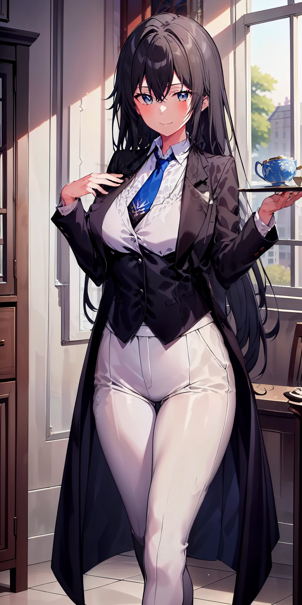 ((best quality)), ((masterpiece)), (detailed) 1girl , blurry, blurry_background, breasts, , hair_long looking_at_viewer, ok_sign, open_hand, Yukinoshita Yukino ,Woman wearing formal clothes, An attractive coat sitting on chair in the room , 1girl, 独奏, blue necktie, Black hair, eyes blue, long hair, smile , collared shirt, white pants, white shirt , Elegantly designed coat , Stand in front of a window ,Perfectly tailored tailcoat. It has a stunning Victorian design and is made of lustrous fabric , full body ,tailcoat butler suit, elegant pose, serene expression, flowing long hair, soft lighting, pastel color palette, detailed lace and embroidery, realistic portrait, fine brushwork, delicate facial features, captivating eyes, graceful gestures, refined atmosphere, vintage decor, polished silverware, elaborate floral arrangement, polished marble floors