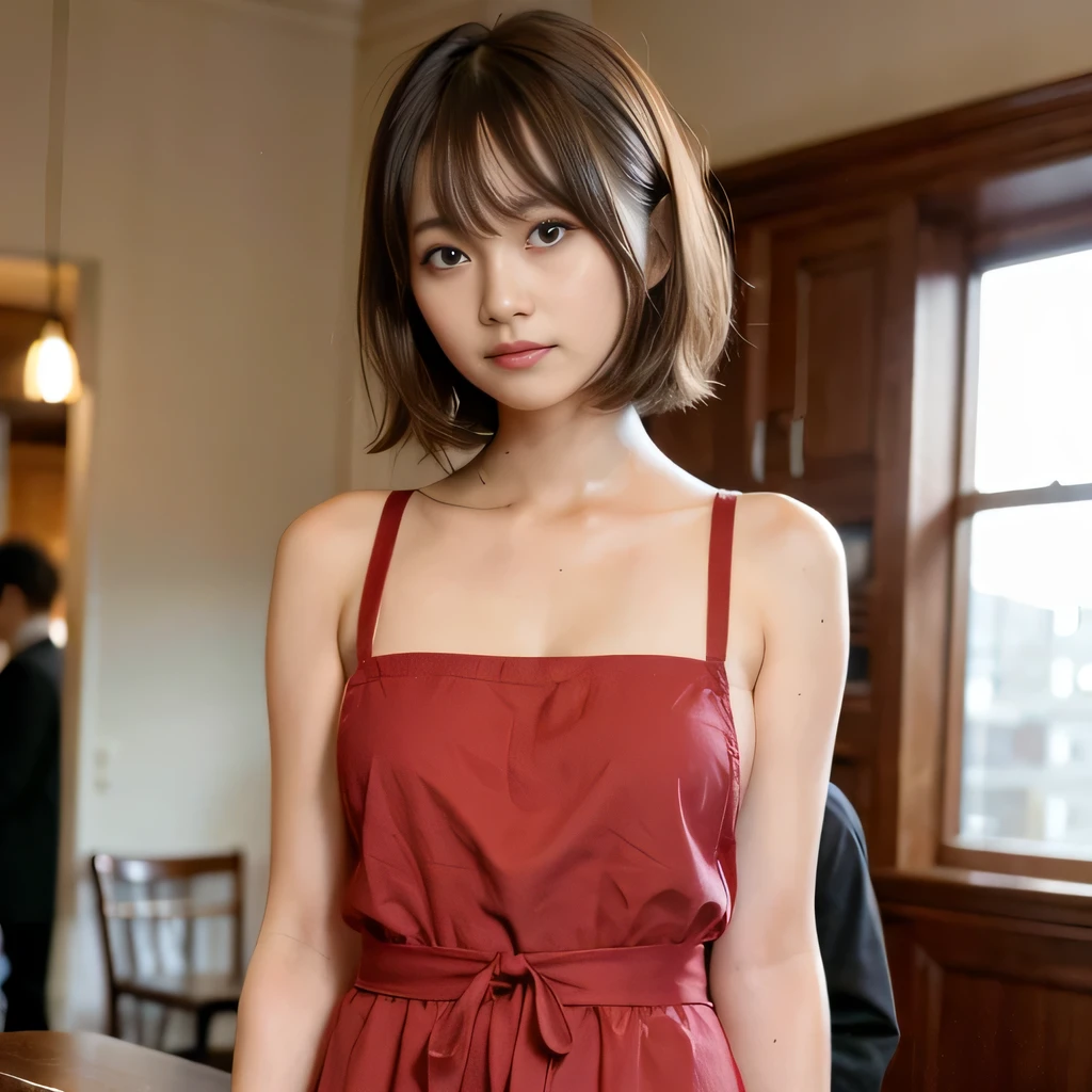 (Crowded coffee shop)、High image quality/ultra high definition、girl、slender、(20-year-old)、(No bra、No panties、shirt、(a small piece that hides the crotch))、(no skirt、Skirt is fleeting)、((Cute Smile))、high contrast、(realism:1.4)、looking at the camera、(flash)、Upper body、beautiful breasts、Anatomically accurate body、Beautiful eyes in every detail、Are standing、(A short red apron that covers the chest:1.2))、cleavage、(cute smile)、short hairstyles、