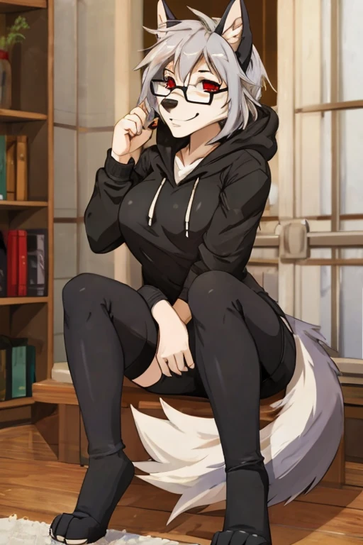anthropomorphic, female, red eyes, silver hair, wolf, hellhound, (((1girl))), (((black shirt))), (black pants), (white zip up hoodie), (black toeless thigh high socks), full body, cute and sexy, black fur, long legs, smiling, (glasses), big breasts
