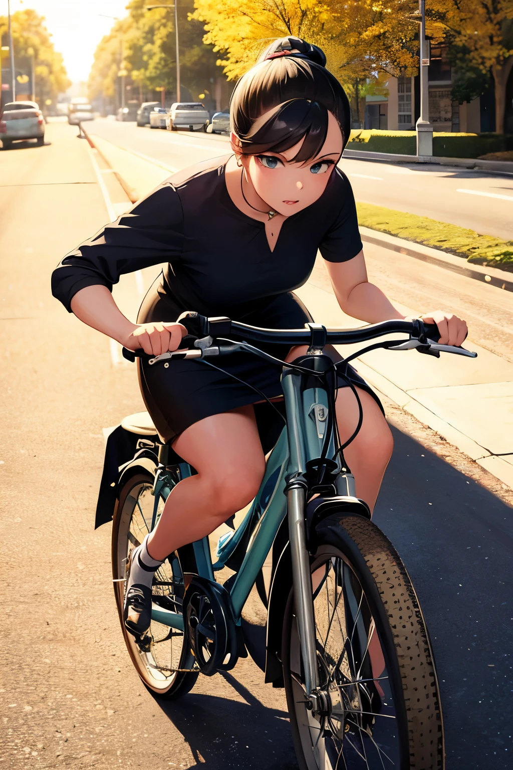 Ultra-detailed 1950s comic illustration, aesthetically pleasing design with extreme details and vivid colors, sharp lines accentuating every curve and contour. A girl is depicted riding a bike, her ponytail streaming behind her, wind in her hair as she pedals furiously forward. The sun sets in the background, casting long shadows on the asphalt road, trees lining the sidewalk bursting with autumn leaves. Daisies and other wildflowers bloom beside the path, adding pops of color to the black-and-white illustration. Her dress flutters in the breeze, the hem lifting slightly to reveal her white anklets and matching sneakers. The