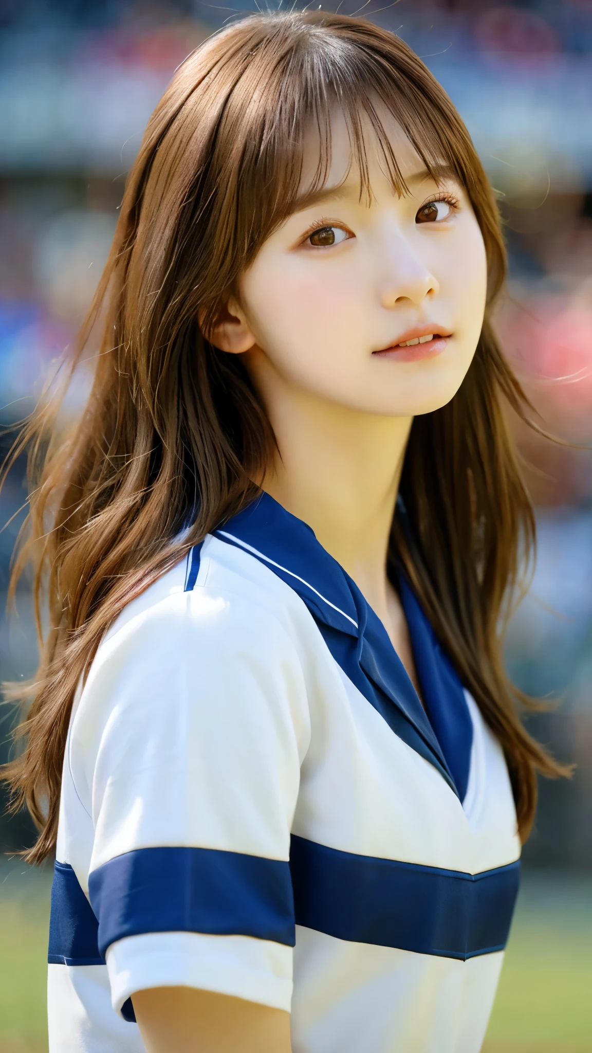 Top quality, 1 beautiful woman, 18 years old, long hair, brown hair, cheerleader