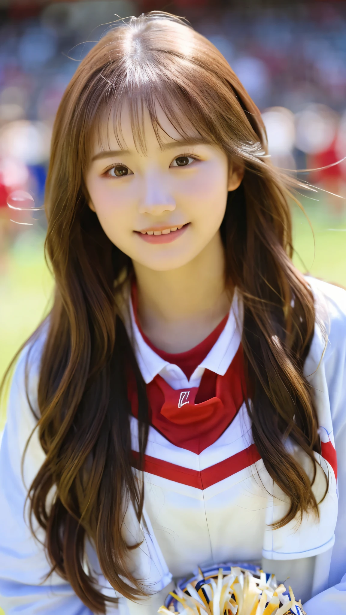 Top quality, 1 beautiful woman, 18 years old, long hair, brown hair, cheerleader