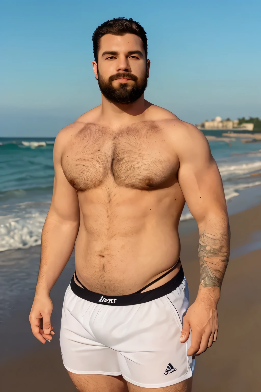 portrait of handsome man, soft belly, shirtless , beard, chest hair, no muscle, not defined, a fat, chubby, (white hair), 20 years old, full body, at beach, thong
