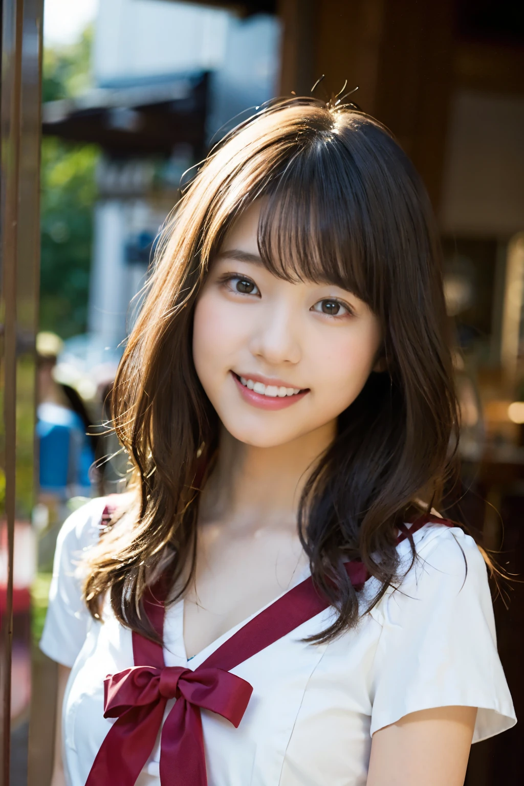 (8K、Raw photo、highest quality、masterpiece:1.2)、(realistic、Photoreal:1.37)、super detailed、Super high resolution、1 girl、see the beholder、beautiful and detailed face、laughter、narrow、(slim waist) :1.3)、Beautiful and smooth skin、skin texture、floating hair、professional lighting、human body as a whole、long hair、blonde、Japanese high 、sailor suit、bob hair、E cup、smile、、red ribbon、baby face、chile、No makoisturizing lips、light pink lips、nostalgic countryside、Game Center