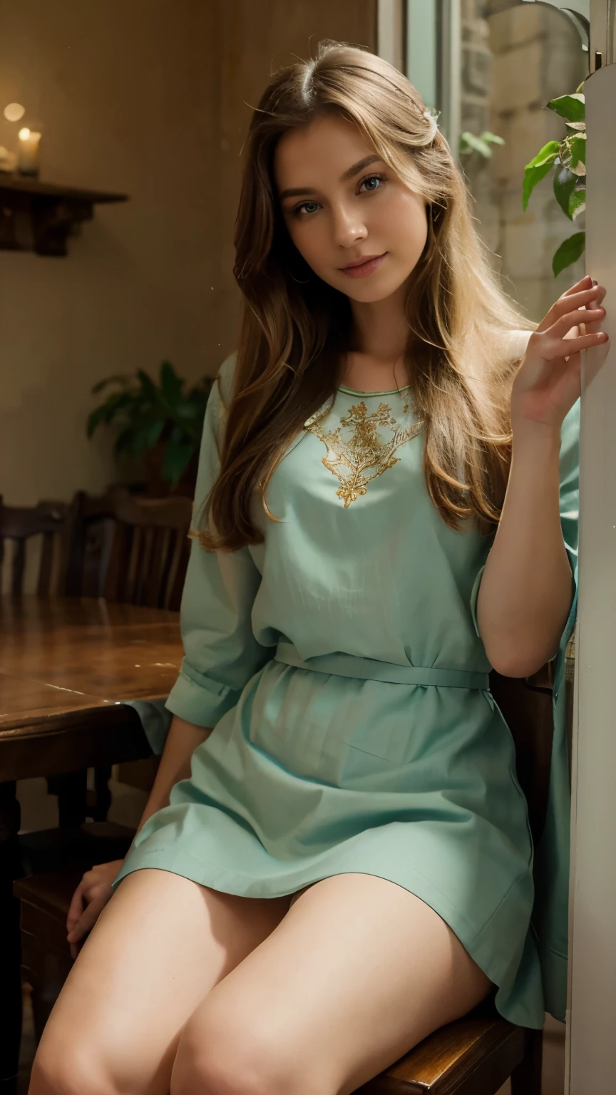 (((Masterpiece, highest quality, high definition, high detail)))), (((Fantasy))), ((Walled City)), ((Inside the inn)), (Sitting in a chair and looking out the window))), ((People passing through the city)), One, woman, Short skirt of white embroidered with gold, Blonde long straight hair, Dark green eyes, Green surcoat embroidered with gold, Smile, Big, (Breeze) , There are a lot of light particles floating in the room