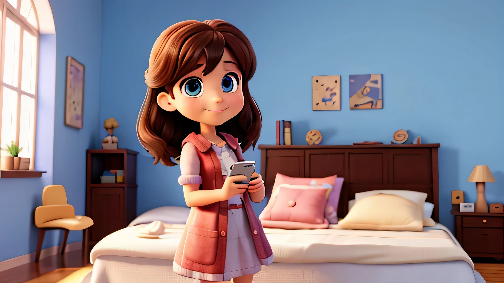 linda garota, 7 anos, sorridente, looking at cell phone in hands, deitada na cama, Estilo Pixar, high resolution, 8k, Scenery in a room.