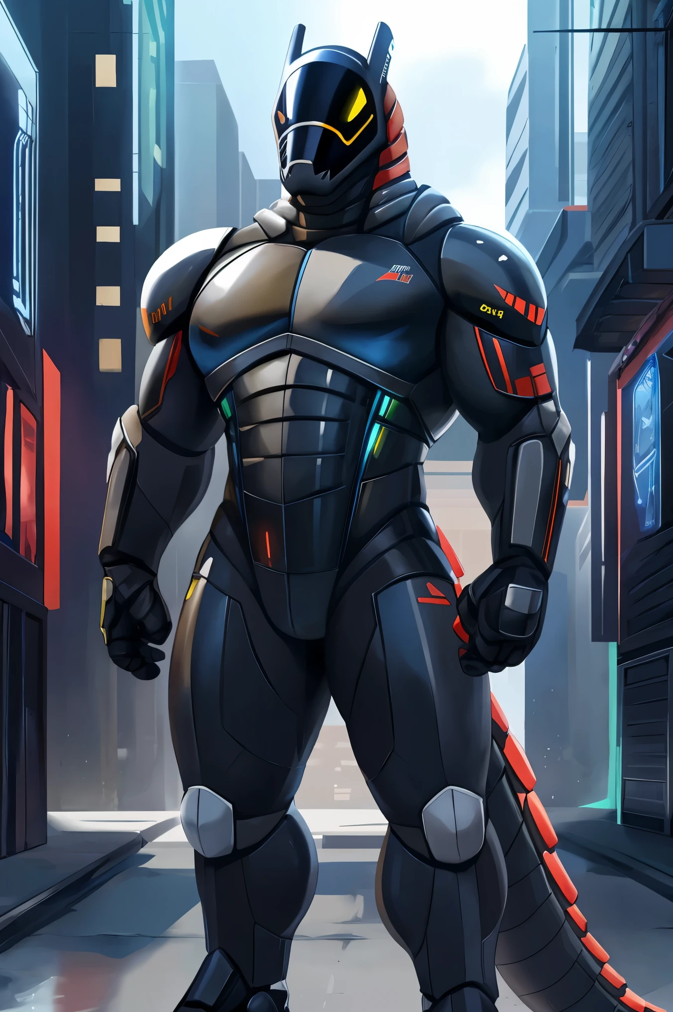 Uploaded to E621, best quality, masterpiece, high quality, Sexy Men, synth (vader-san), White, Bright colors, security robot, guards, bodyguard, bodyguard, very muscular, male muscular, sexy muscular, thick thighs, Long tail, guards 의상, Pick up a gun, attack pose, city background, Bright screen