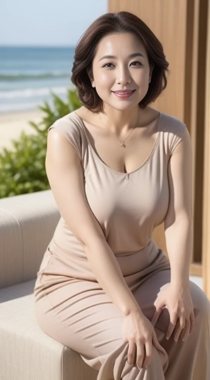 A busty old woman，My belly is so big，Very plump，Big breasts，Yellow half-sleeve T-shirt，Beige long skirt，Standing on the beach by the sea，woman，big pelviull body photolack high heels，The legs are long and the skin is white，shining，pretty woman in shorts，sitting，living room，wet clothes，clean，sleeveless，Don&#39;t show your reservations in photos，Smile，Sunlight，looks like 1.Maximum 8 meters，Big breasts and thin waist，many wrinkles， Leg length，Super detailed skin，Unclog pores，panoramic，90 years old，高贵优雅的日本woman, is a perfect face, nice, (detailed facial features), Face is clean and beautiful，realistically, sharp focus, curls, Wrinkles at the corners of the eyes,