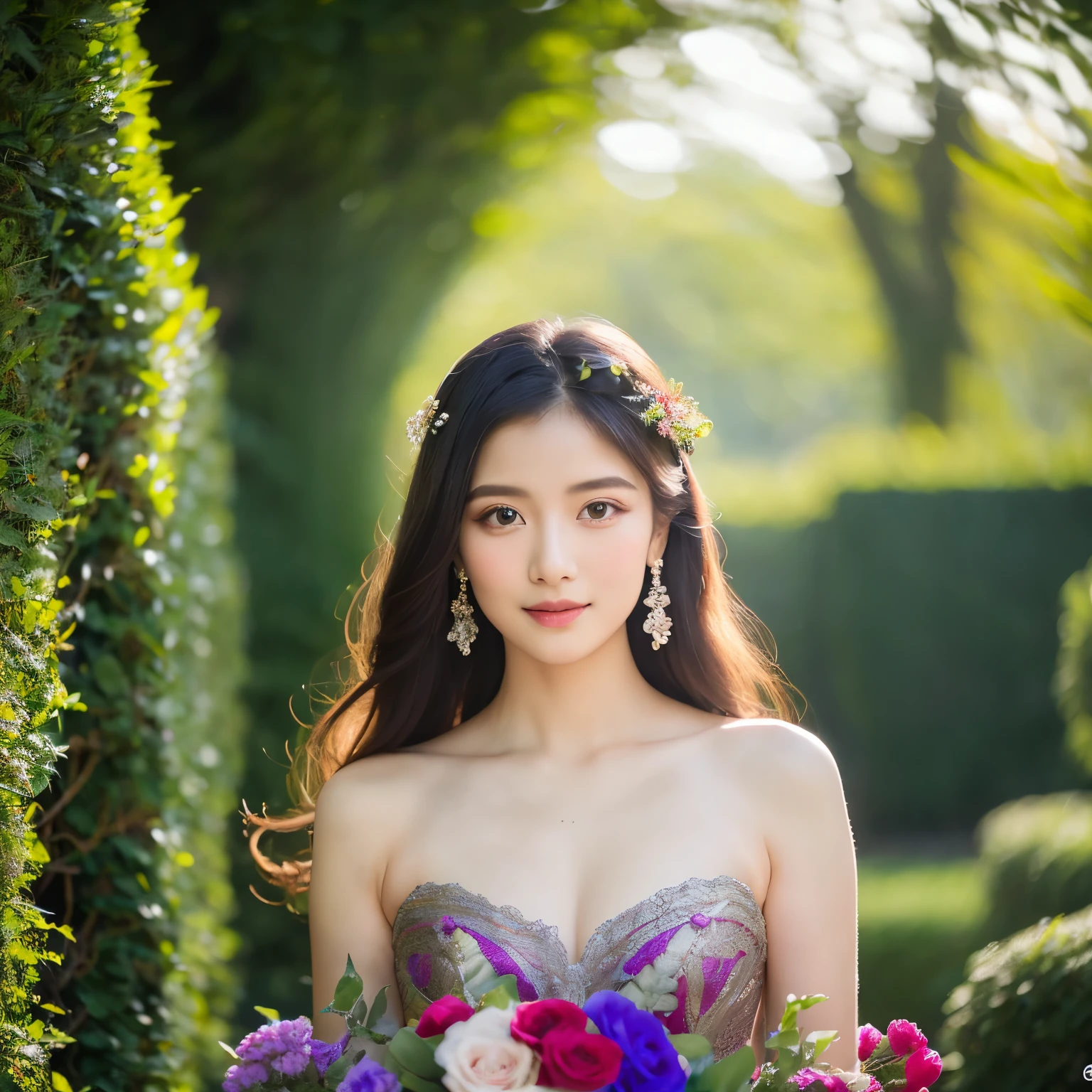 (best quality,4k,8k,highres,masterpiece:1.2),ultra-detailed,(realistic,photorealistic,photo-realistic:1.37),young woman,silica matrix body texture,crystal violet hues,beautiful detailed eyes,beautiful detailed lips,extremely detailed face,long eyelashes,embellished with intricate patterns and designs,glowing with a soft ethereal light,feminine features and delicate expressions,radiating a sense of grace and elegance,standing in a mesmerizing garden filled with vibrant flowers and lush greenery,dressed in a flowing gown with a luminous iridescent sheen,her hair flowing like liquid silver,ethereal and otherworldly,captivating the viewers with her enchanting presence,embodying strength and vulnerability simultaneously,a sense of mystery and wisdom in her eyes,walls covered in delicate ivy and colorful climbing roses,gentle rays of sunlight filtering through the trees,casting enchanting patterns on the ground,creating an otherworldly atmosphere,magic and tranquility coexisting in this enchanted garden,a harmonious blend of nature and the ethereal,the beauty of the natural world merging with the beauty of the human form,a captivating fusion of art and nature,transporting viewers to a realm of imagination and wonder.
