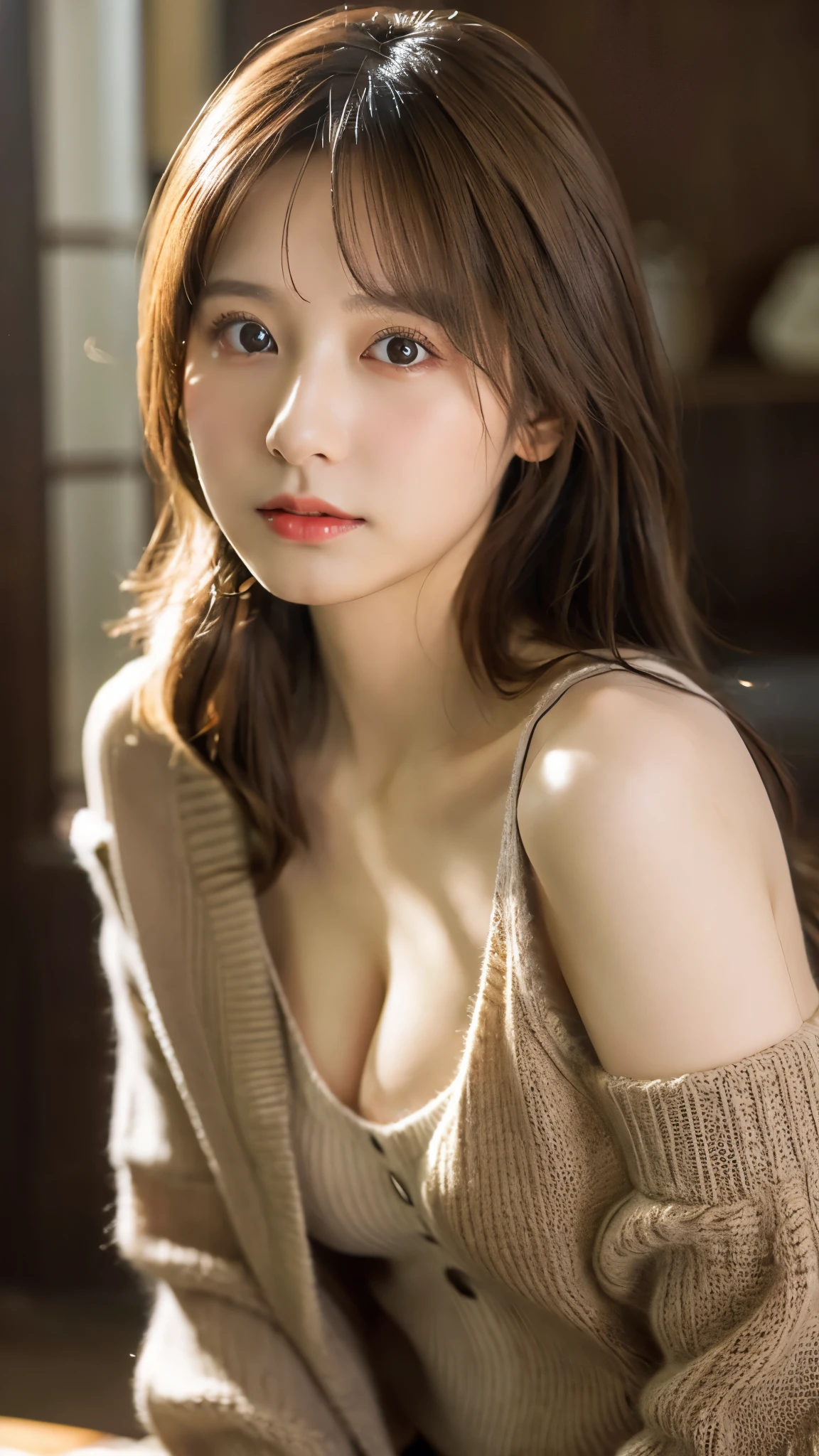 best quality ,masterpiece,ultra high res, very beautiful, kawaii, (photo realistic:1.4), 1girl, Japanese, brown hair, cleavage, Cinematic, 35mm lens, f/ 1. 8, accent lighting, 8k, virgin killer sweater,