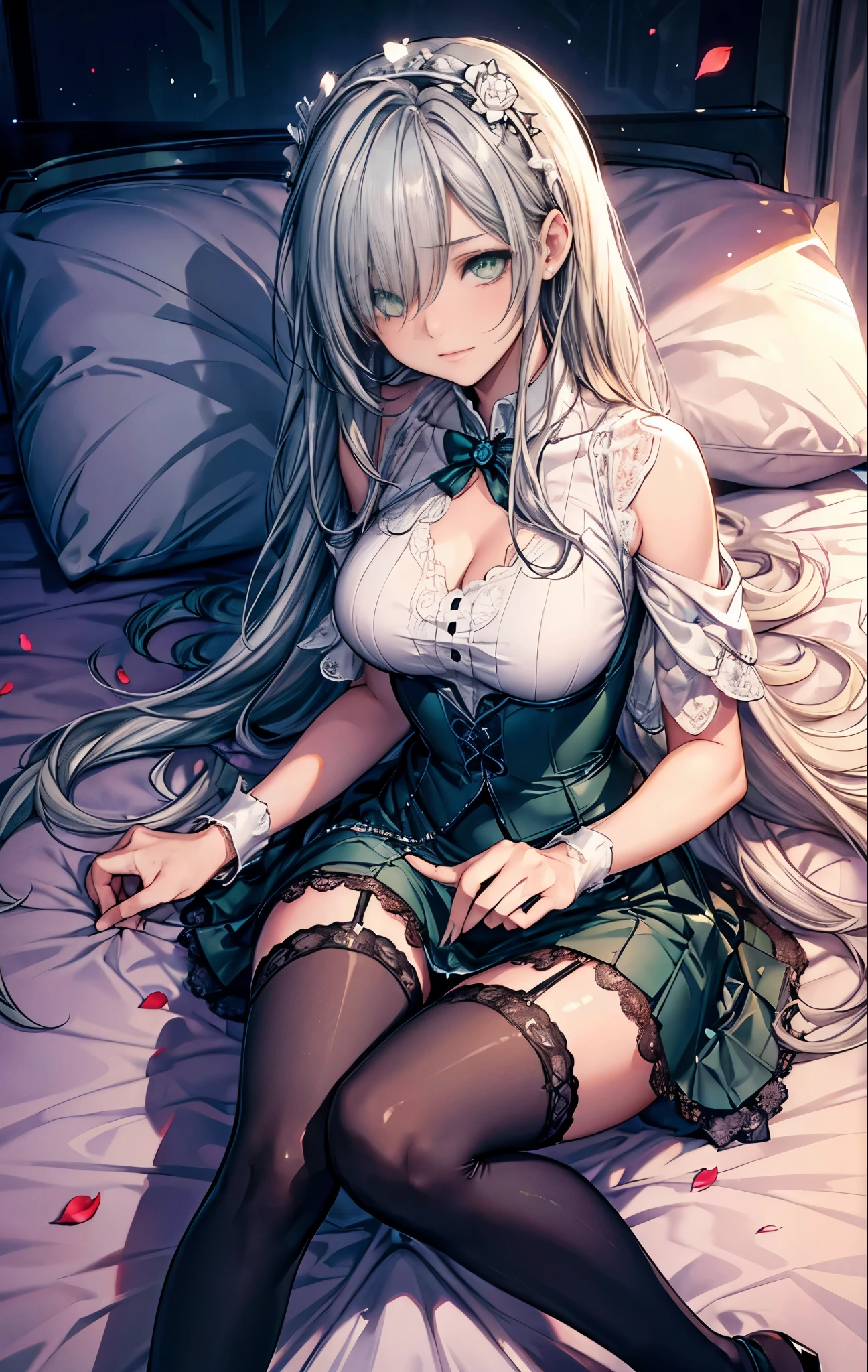 {{masterpiece}},best quality,Highly detailed CG Unity 8K wallpaper,One woman,movie lighting,lens flare glow,
BREAK (blue platinum straight long hair:1.6), (hair over one eye:1.2),
BREAK (beautiful detailed chrome-green eyes:1.2), clear face, perfect eye makeup, beautiful eyes, perfect style, perfect body, cute tops with lace, emphasize the chest, mini skirt, shiny thighs, costume with lace, The luxurious interior of a high-class brothel, Lying on the bed and opening your legs, Rose petals are scattered on the bed, garter belt, black stockings,
