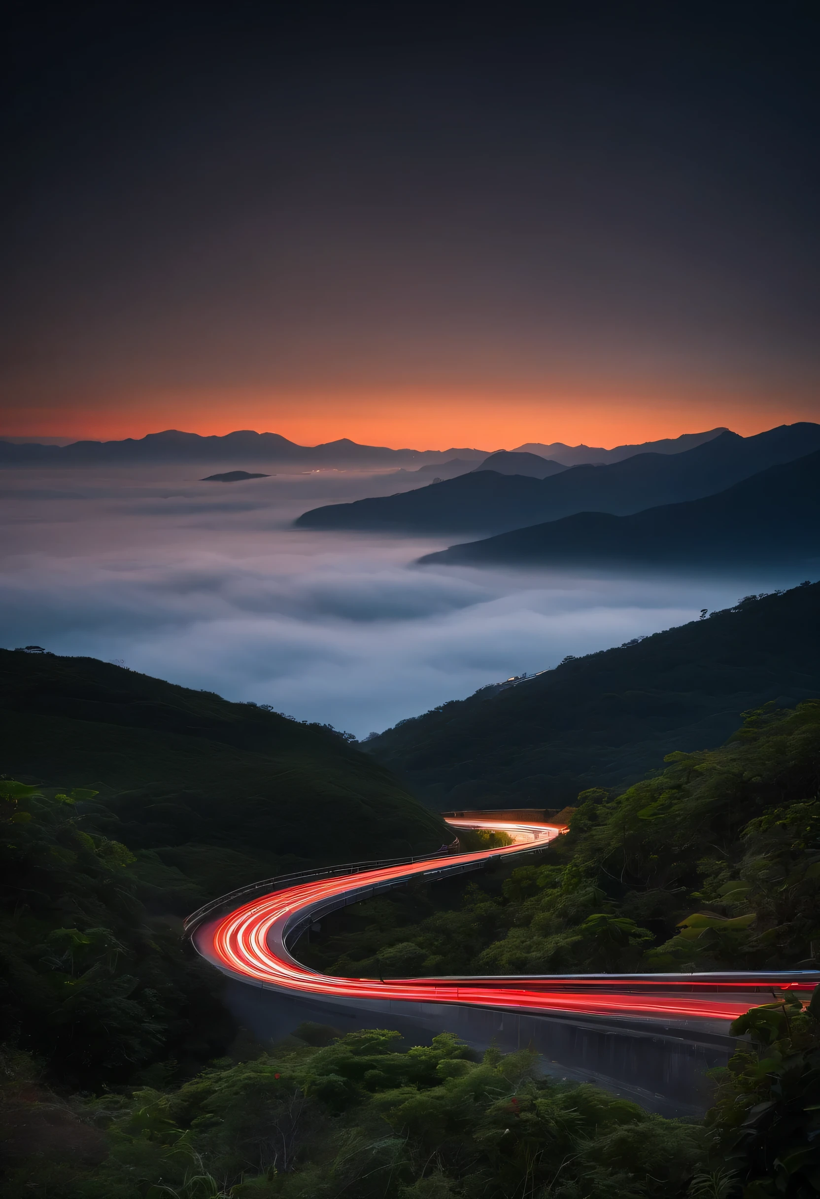 landscape style, before sunrise time, background full of sea of white mist, foreground road s curve on mountain, red line and orange line path along road effect from picture was captures with long exposer in low light in early morning, camera lens wide angle 24 mm. shutter speed 3 sec, ISO 100 film simulated, high dynamic range, digital photo camera, high resolution, 8K,  