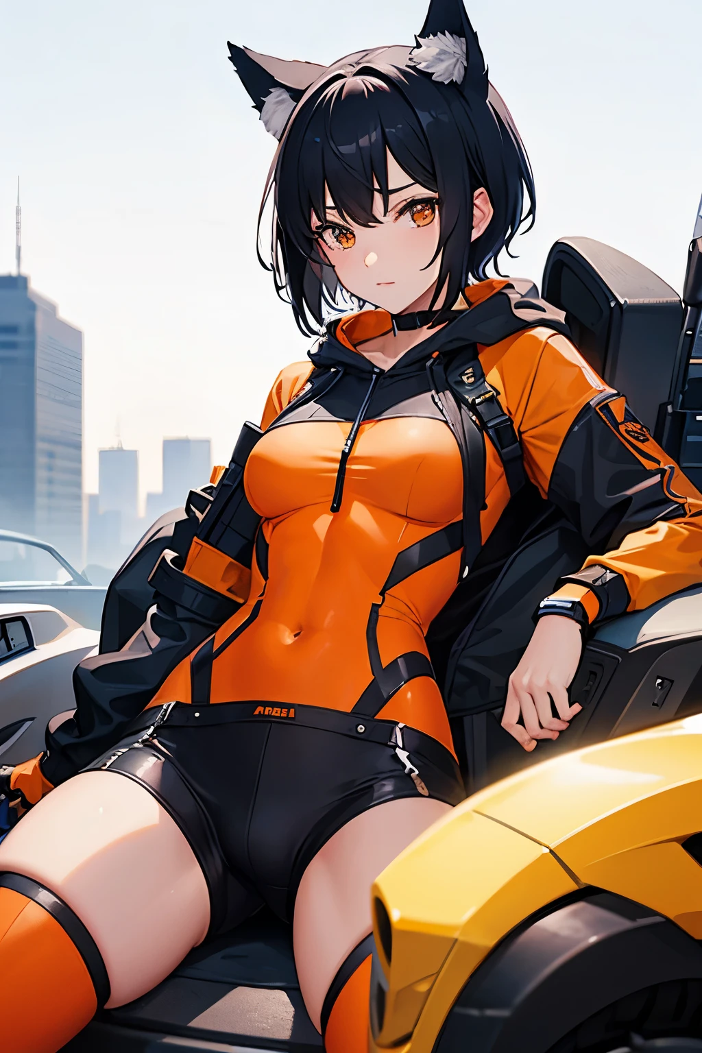 ((masterpiece, best quality, high resolution)), expressive eyes, perfect face, solo, 1girl, short hair, black hair, orange eyes, orange hoodie, orange shorts, black bodysuit, gloves, abs, muscular, wolf ears, wolf tail
