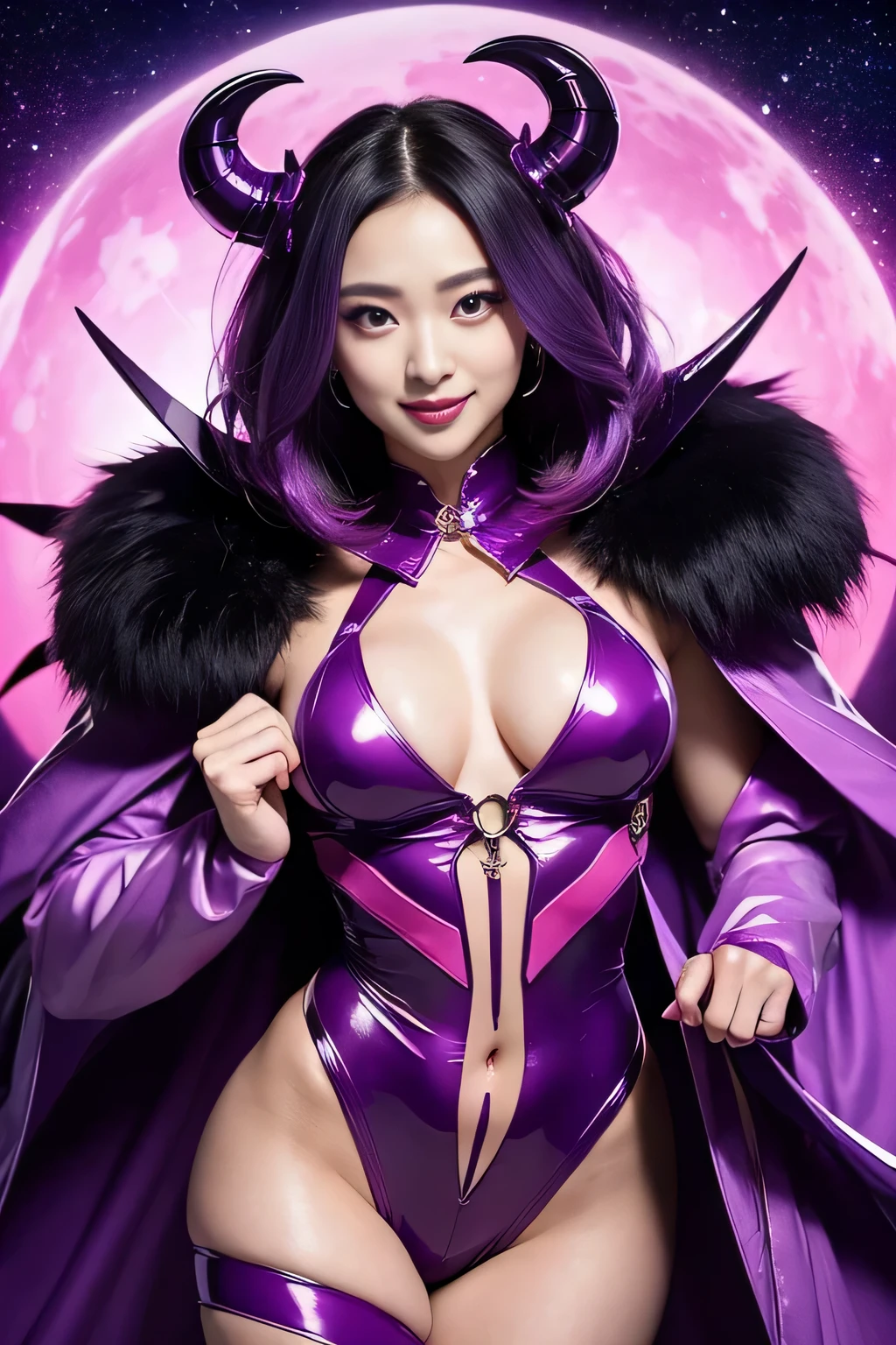 young, A beautiful Japanese actress wearing a villain costume inspired by a female devil.. The costume is a shiny body suit with a pink and purple color scheme.. her headpiece and makeup、A unique design with the theme of lipstick and cosmetic bottles.。, With headpiece. Characterized by villain-like makeup, With bold lipstick and dramatic eyeshadow. she is smiling charmingly, Captures the essence of a charismatic but dangerous character, action combat pose. At night, outdoor, town.