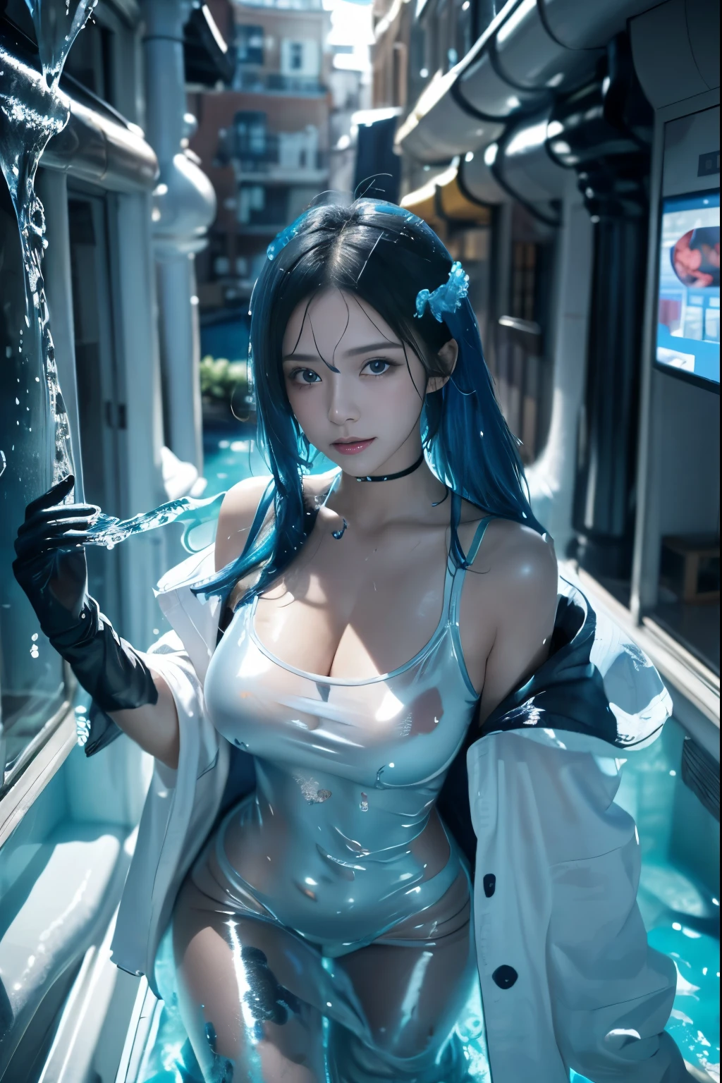 (hight resolution,masutepiece:1.2),Ultra-detailed,(Realistic:1.37), blue mucus floating around, Slime Girl,covered in blue slime, (partially transparent), (Wet with water), (blue sweat), Slimy blue liquid dripping from her body. Her hair is also covered in blue slime. blue slime scatters, Blue hair, blue eyes