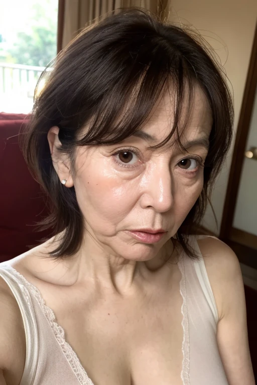 best quality, photo of a woman, sexy, mature, 65 years old,, Japanese, brunette messy pixie hair, mega big breast, wearing knit, tight clothes, sagging breast, no make up, double big eyes, big nose, housewife, waiting cum, cream pie, ddd , face with many wrinkles, old mam, erect huge nipples, pov blowjob, cum shot, round face, wrinkles around the eyes, , beige bra, tight clothes, aquiline nose, slutty, tired face, old face, lewd woman, dark eyes, I wanna sex you up, facial wrinkles, baby-faced woman, sharp eyes, dimples, milf, lace underwear, ordinary mature woman, rough skin, loose skin, long eyes, small face