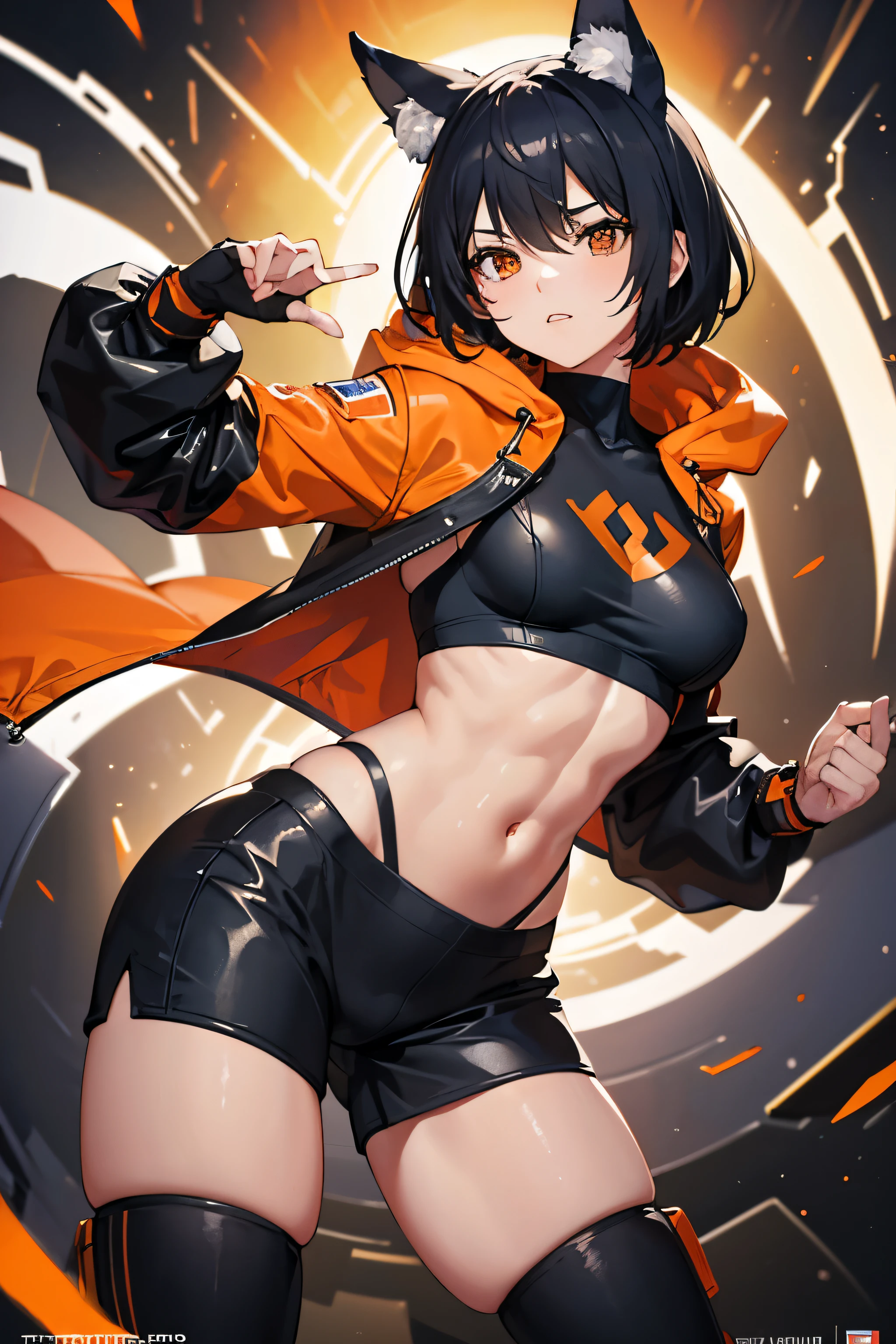 ((masterpiece, best quality, high resolution)), expressive eyes, perfect face, solo, 1girl, short hair, black hair, orange eyes, orange hoodie, orange shorts, black bodysuit, gloves, abs, muscular, wolf ears, wolf tail