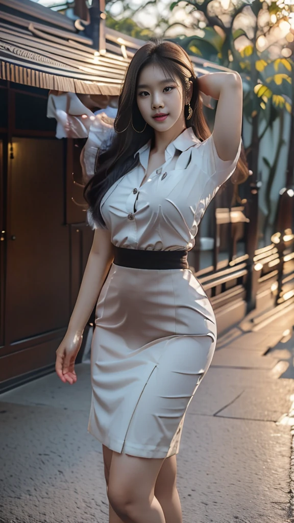 woman, (half-caste, thailand, Japan, Korea), ที่charming, Beauty enhancement, ((stand, dynamic gesture)), charming, charmingน่าหลงใหล, (Beautiful face, แต่งBeautiful face, Double eyelids, red lips), (ผมblack, long hair long hairมาก, long hairตรง, long hair, The wind is blowing), มุมมองจากมุมสูงของwomanที่สวยงาม, The texture is realistic., (เสื้อเชิ้ตแขนshortสีขาว เสื้อเชิ้ตบางและมองเห็นผิวหนังได้), (elegant, big breasts, The chest is clearly visible., Seeing the chest mound., I saw a pile of milk.), (pencil skirt, black, short, shortมาก, กระโปรงพร้อมเข็มขัดwoman), (Symmetrical shape, sexy figure, small waist, Long legs), (รองเท้าส้นสูงblackสนิท, earring, Put on a watch, student brooch), (full body photo, Look at every part of the body.), university backdrop