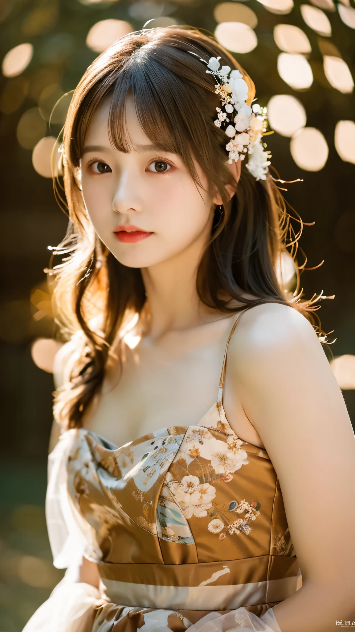 best quality ,masterpiece,ultra high res, very beautiful, kawaii, (photo realistic:1.4), 1girl, Japanese, brown hair, Cinematic, 35mm lens, f/ 1. 8, accent lighting, 8k, floral ball gown,